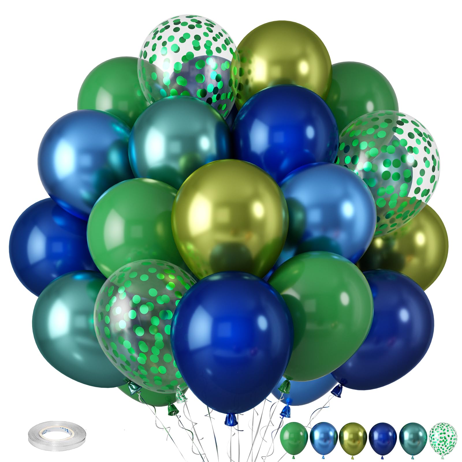 Photo 1 of Blue and Green Balloons, Dark Green Metallic Balloons and Royal Blue Balloon, Metallic Blue Green Confetti Balloon for Boy Birthday Baby Shower Jungle Safari Theme Wedding Party Supplies