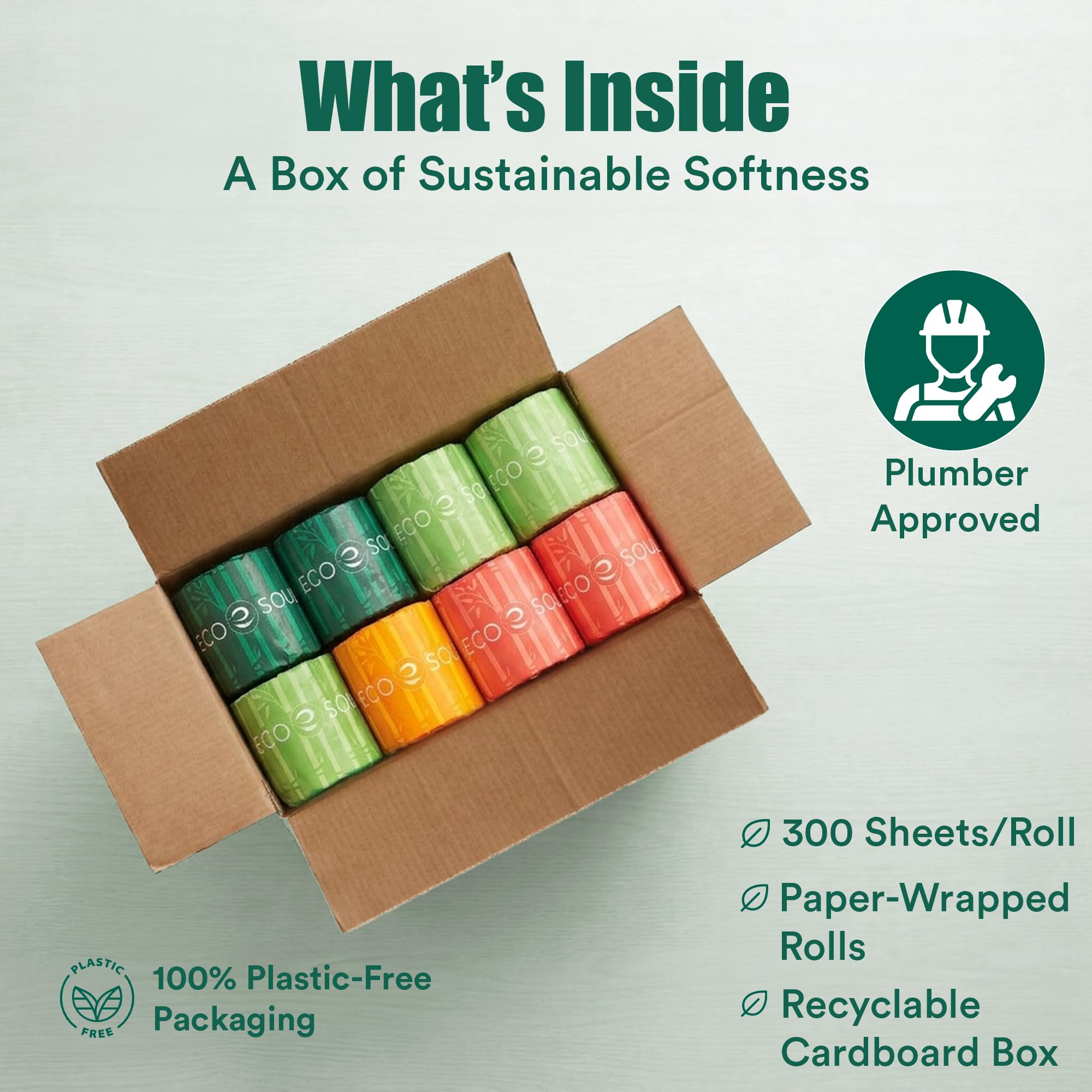 Eco Soul Carta igienica in bambù Premium 3 veli | 12 Rotoli Mega | 300 Fogli ciascuno | Certificata FSC, ipoallergenica, testurizzata e delicata sulla pelle, sicura per le fosse settiche, morbida