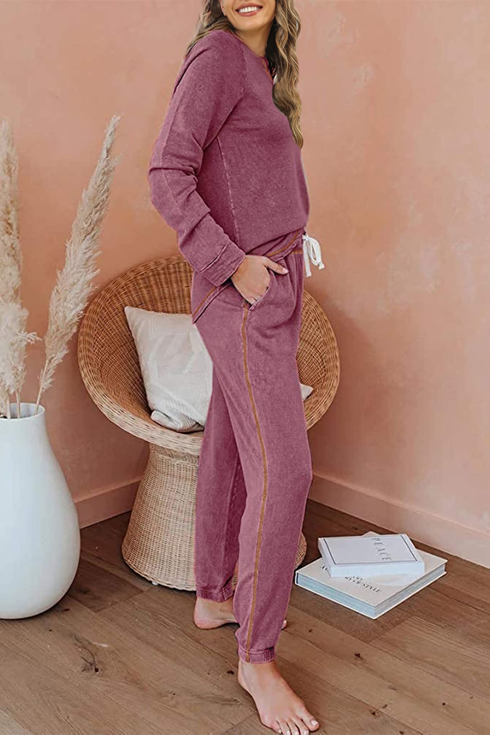 Cysincos Womens Sweatsuits 2 Piece Outfit Sweatpants Loungewear Jogger Pajama Set Long Sleeve Pullover Drawstring Pants