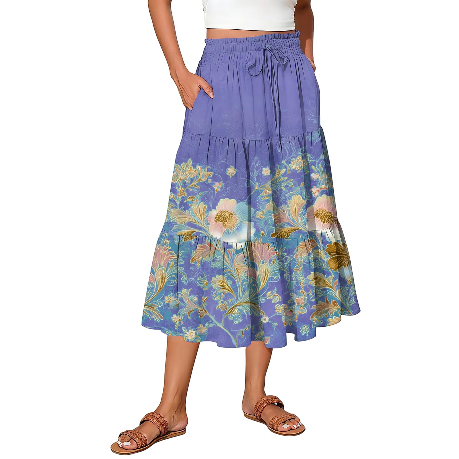 Summer Skirts for Women 2026 Fashion Boho Long Skirt Trendy Floral High Waist A Line Beach Dress Vacation