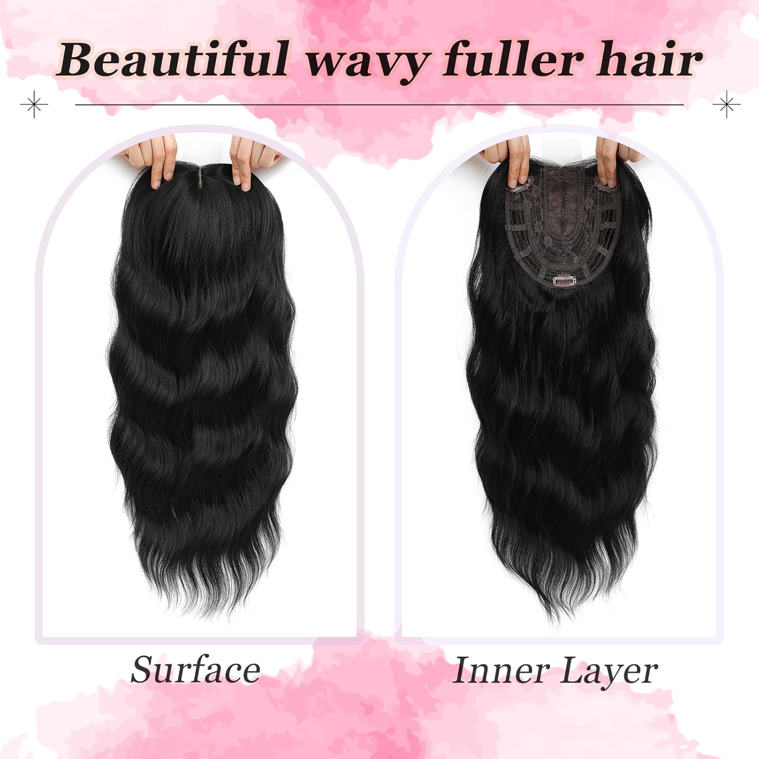 Hair Topper, Big Base 360° 3D Hair Toppers for Women with Thinning Crown, 20 Inch Long Curly Wavy Hair Pieces with French Part Clip in Bangs for Daily Use Parties