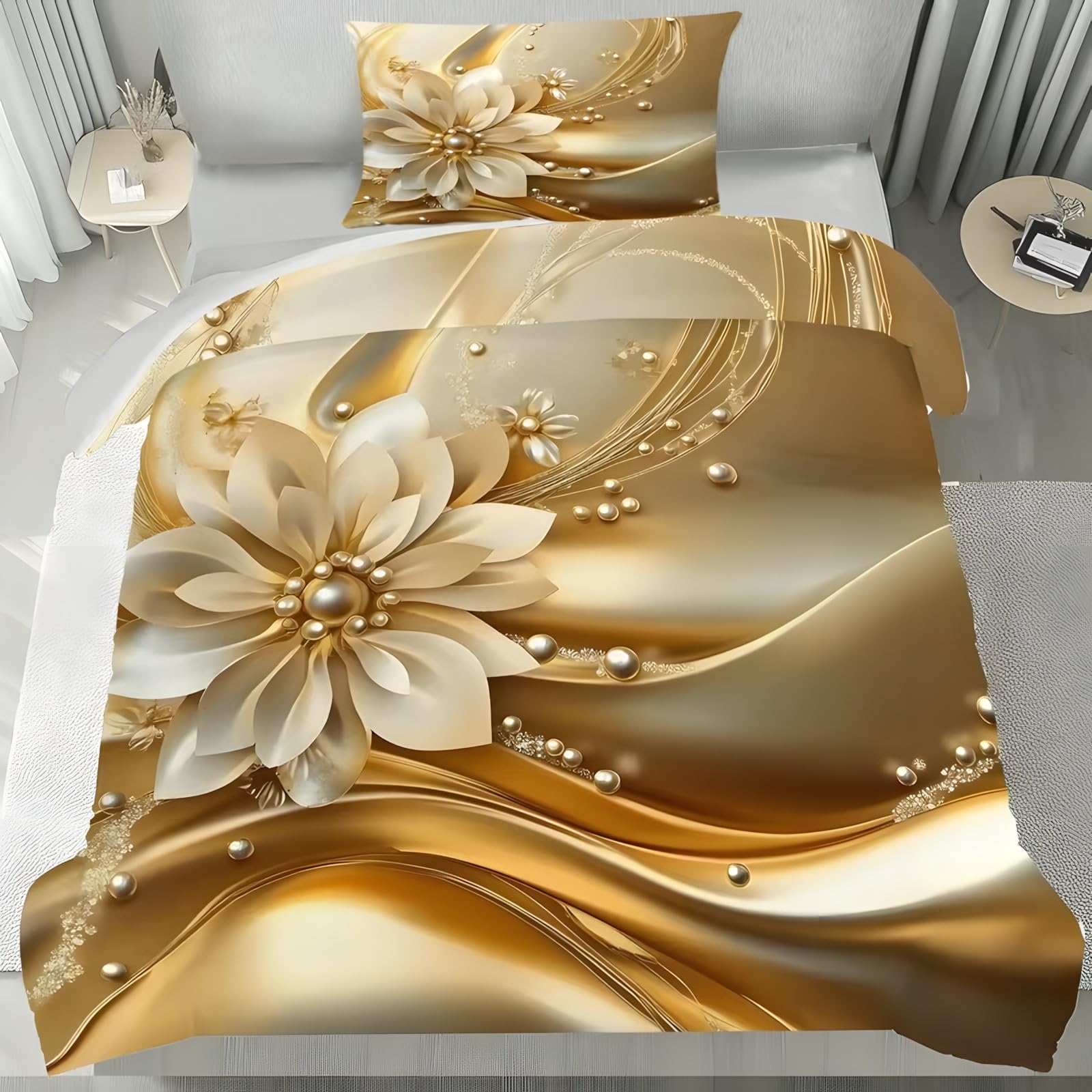 YZQGLHP White Flowers Single Duvet Cover Set European Luxury Style Soft Single Bedding Microfibre Lightweight Quilt Cover with Zipper and 2 Pillowcase 50x75cm