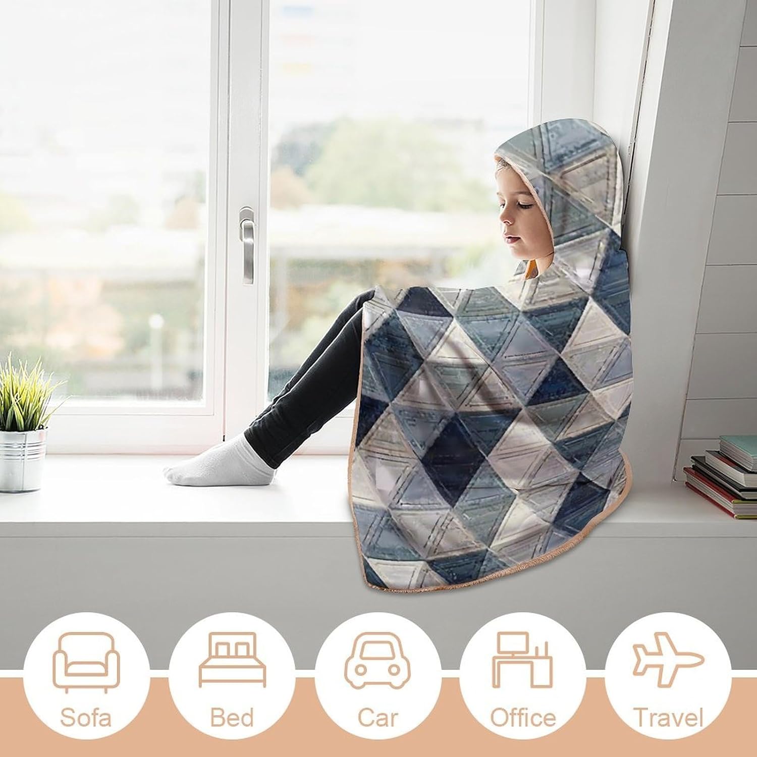 Blue Gray Triangle Pattern Fashion Wearable Blanket Hoodie Fleece Throw Cloak Robe Unisex