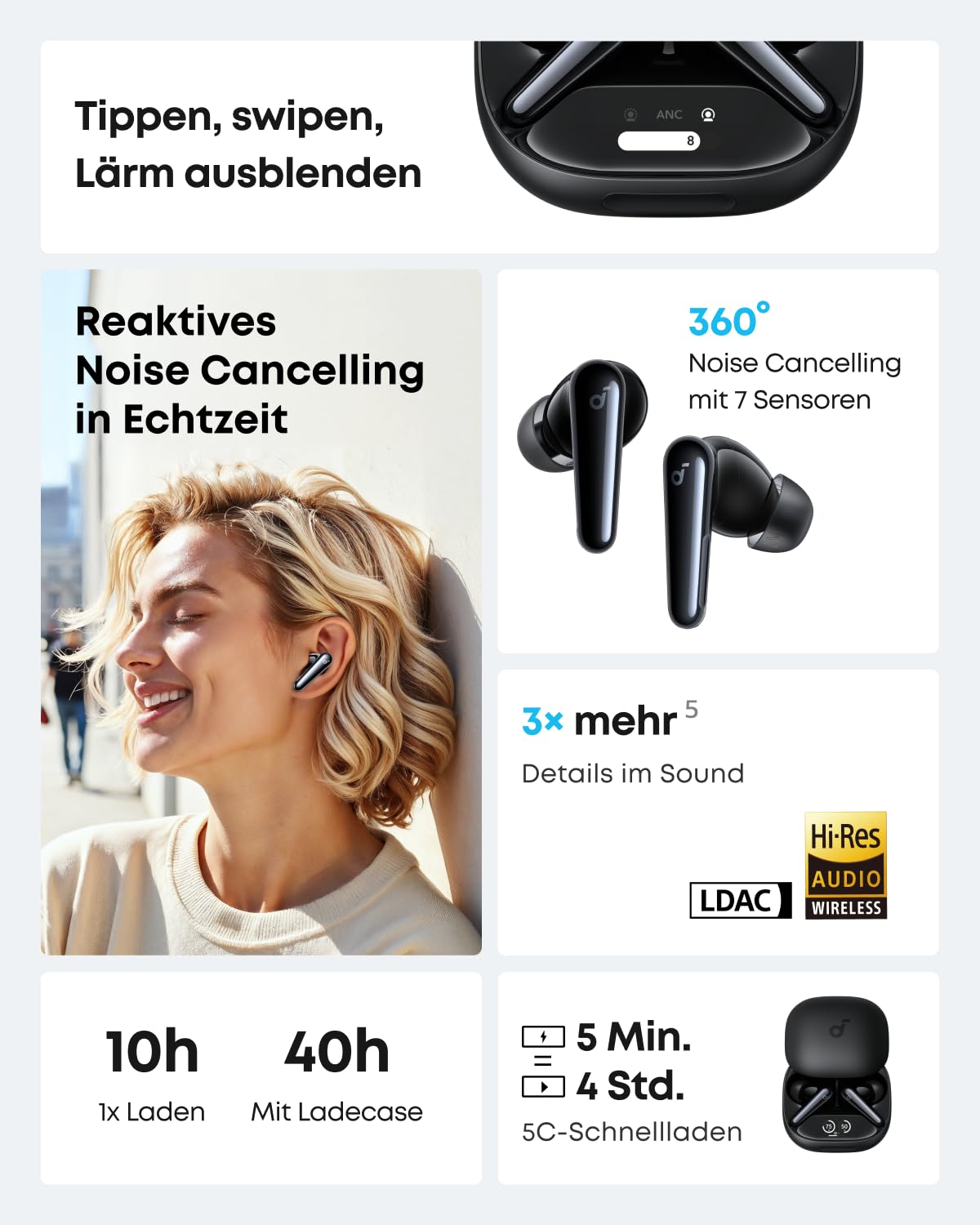 soundcore Liberty 4 Pro von Anker, Kabellose Noise Cancelling Kopfhörer, Earbuds mit 7 Sensoren, ANC in Echtzeit, 2× schneller Laden, Hi-Fi-Musik Studio-Niveau, klare Anrufe mit 6 Mikros + KI