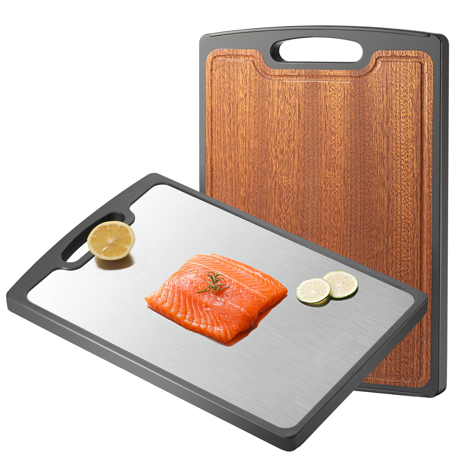 Titanium Cutting Board Double Sided, 15” Wood Cutting Board for kitchen, GR1 Titanium & Ebony Large Chopping Board for meat with Juice Groove for Meat & Veggies
