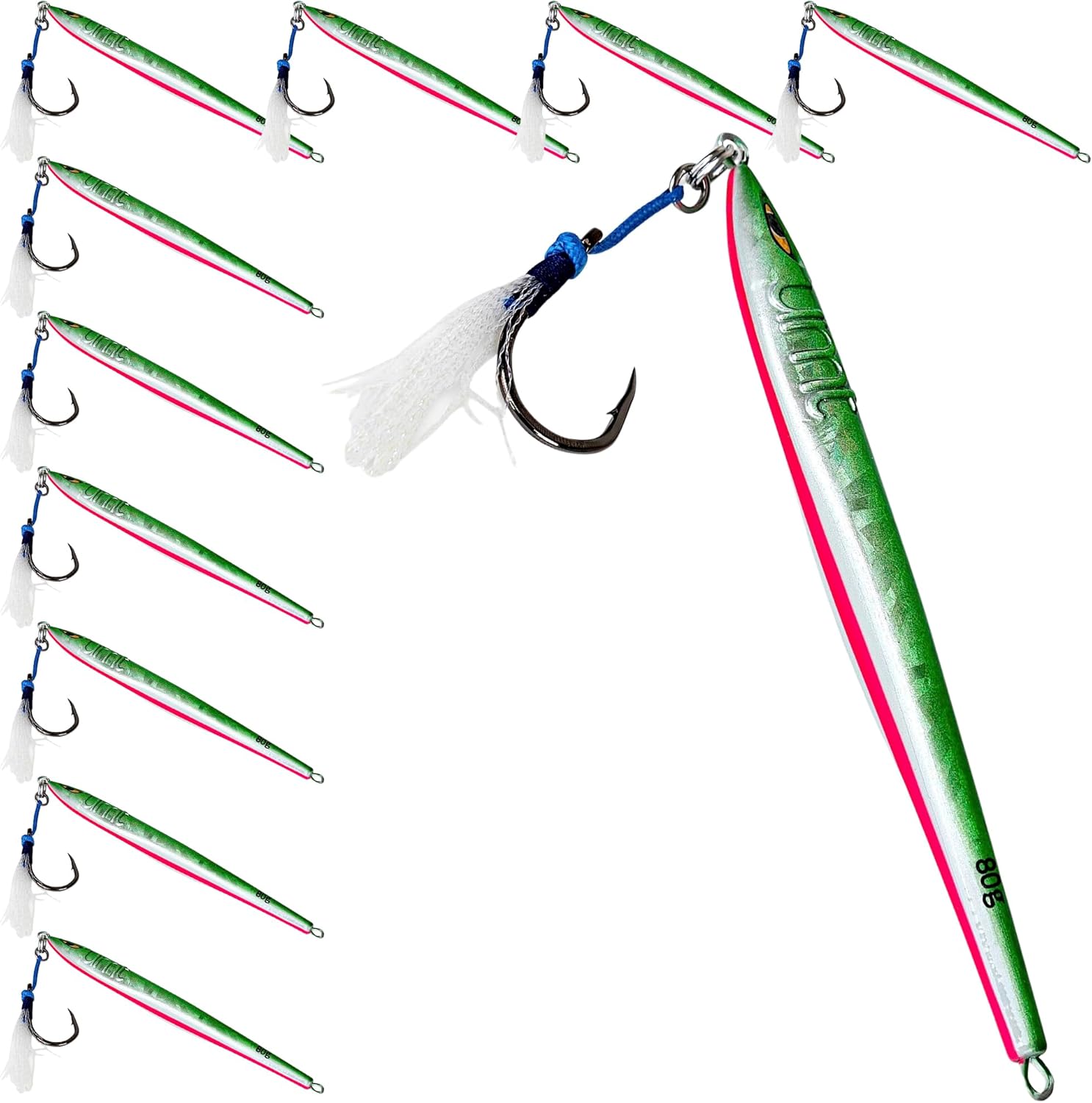 80g Tuna Riser jigs 1, 5, 10 Packs Green/White, Pink Glow