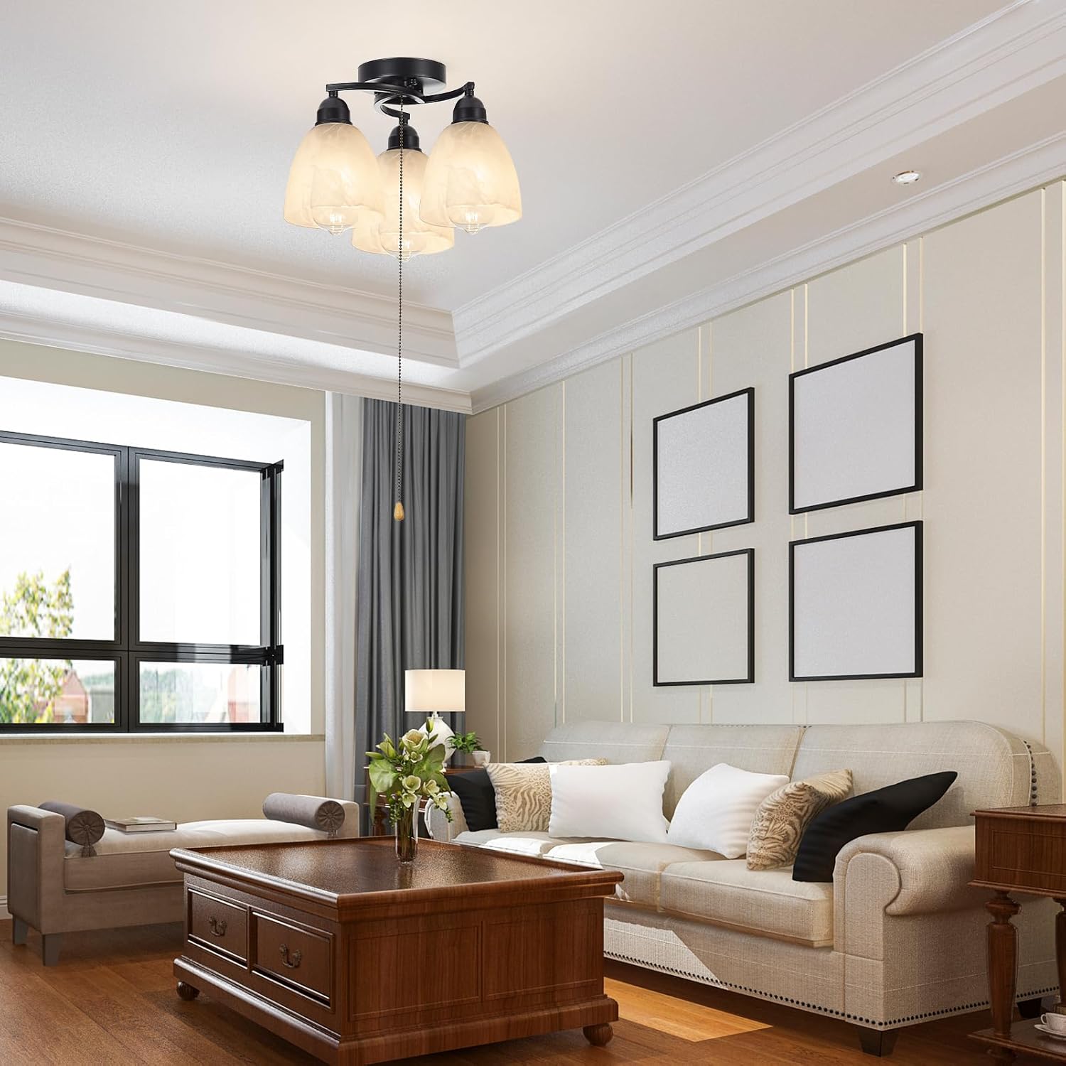 3-Light Flush Mount Ceiling Light with Pull Chain, Modern Black Lighting Fixtures with Alabaster Glass for Kitchen Island Dining Room Bedroom Farmhouse Foyer Hallway