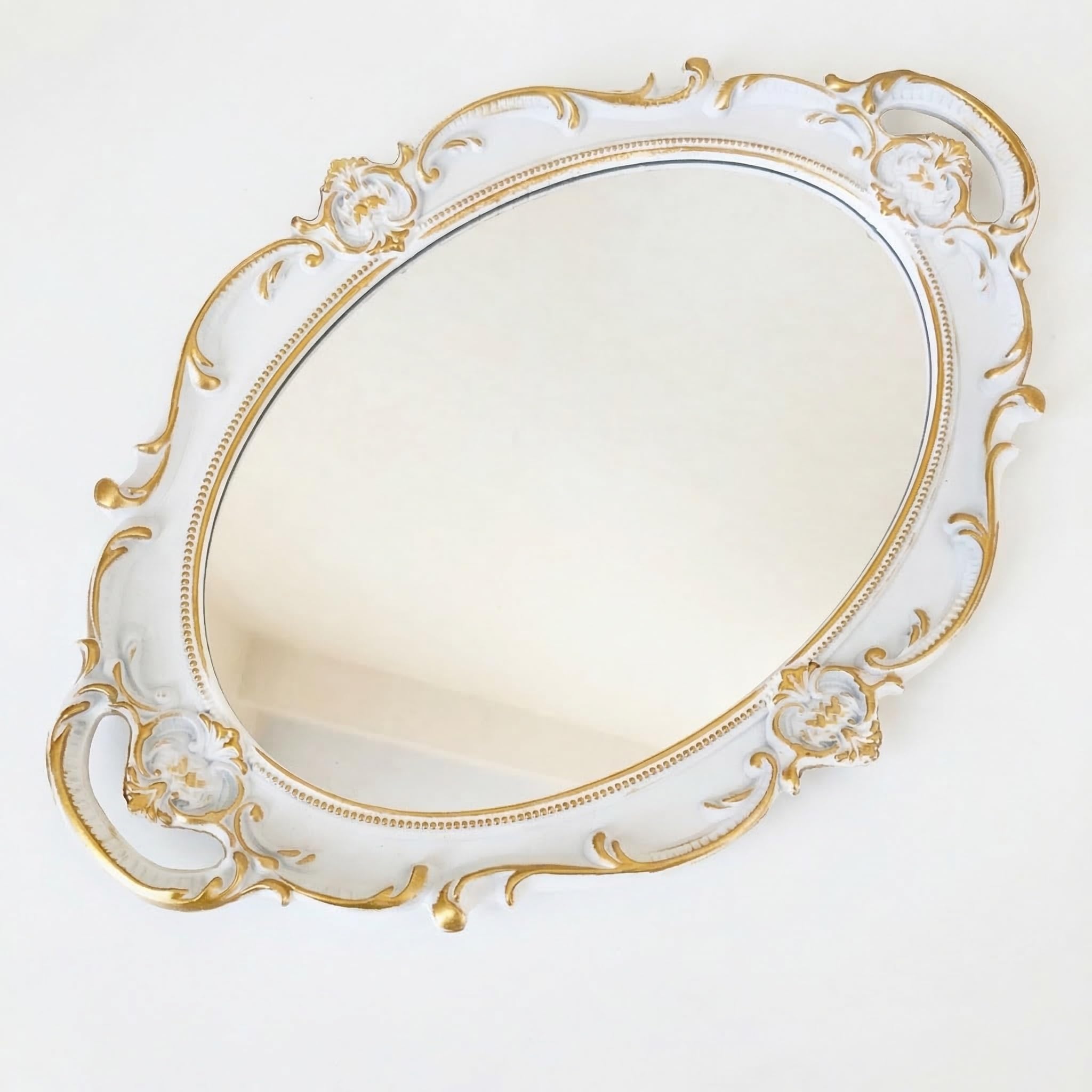 Photo 1 of Schonee Oval Vintage Decorative Mirror Tray, 14.6'' x 9.8'' Jewelry Cosmetics Makeup Dresser Storage Organizer Tray, Serving Tray - White