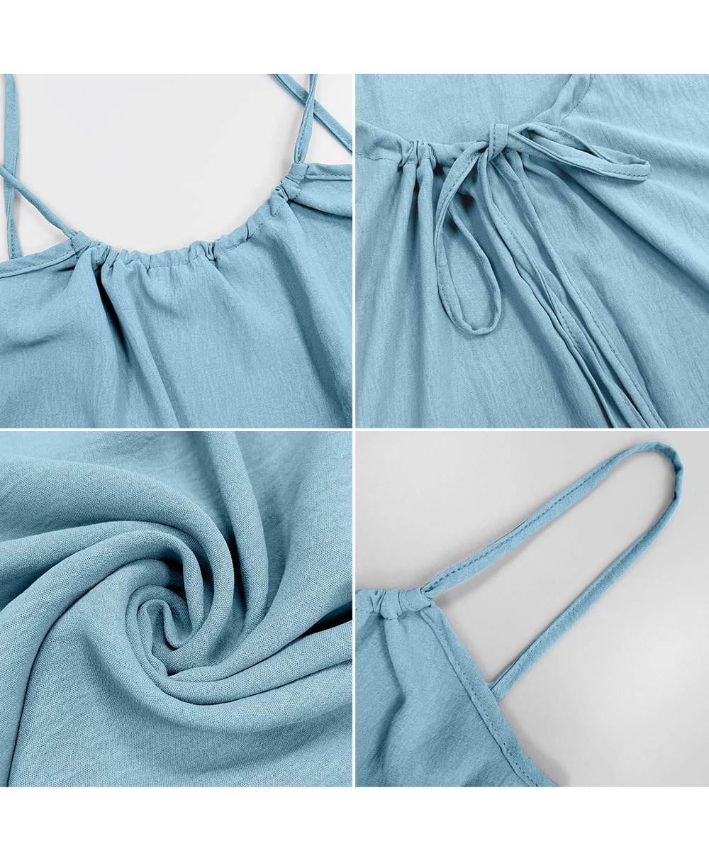 ABINGOO Robe D’été Femme Longue Dos Nu Caraco en Col Rond Ample Robes | Décontractée Sans Manches Couleur Unie Spaghetti Fluide Plage Robe avec Cordon Ajustable