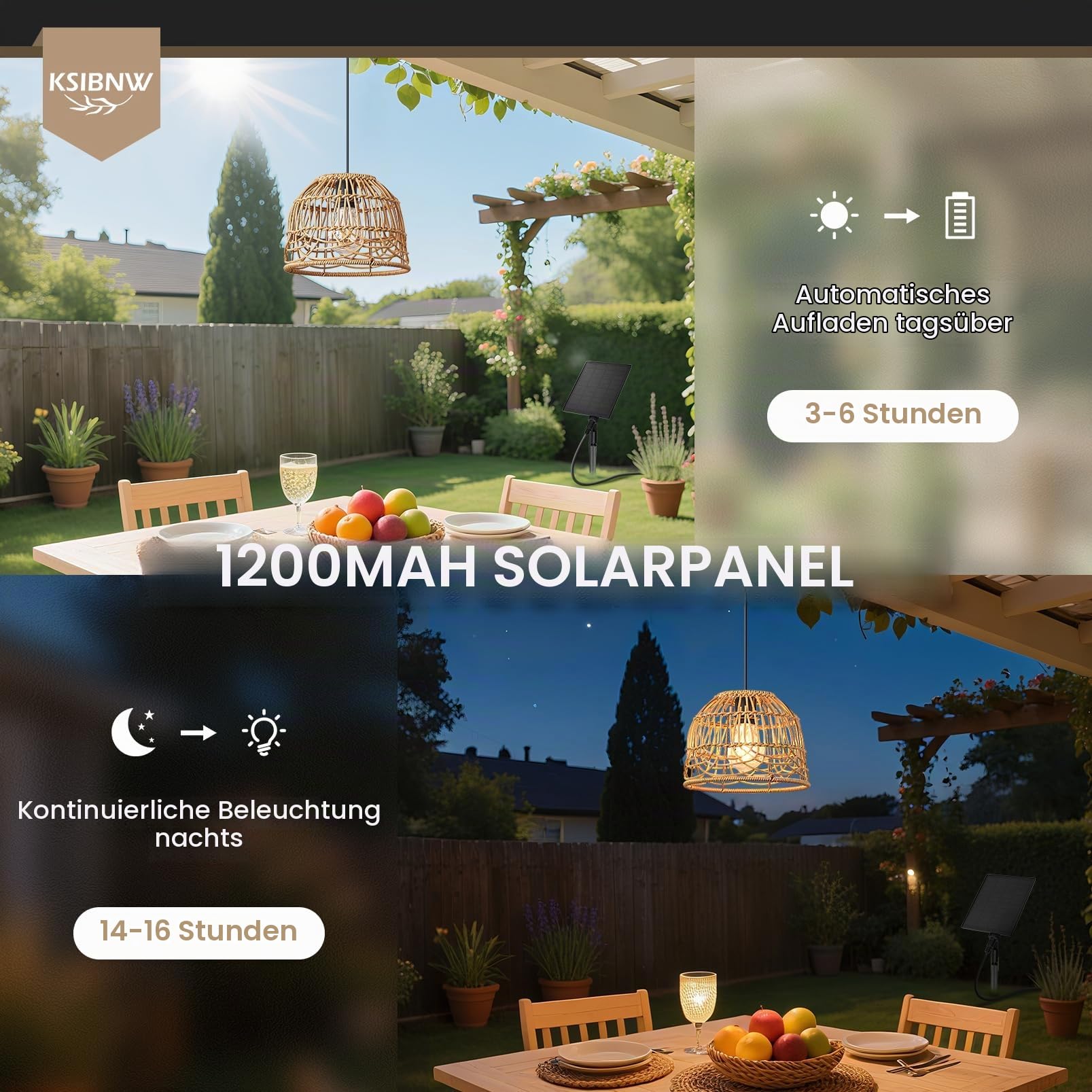 KSIBNW Solarlampen für Außen Garten, Outdoor Rattan Solar Hängelampe mit Fernbedienung Wasserdichte IP65 Pendelleuchte Solarbetriebene Lampe mit Solarpanel und 5M Kabel für Balkon Terrassen Patio