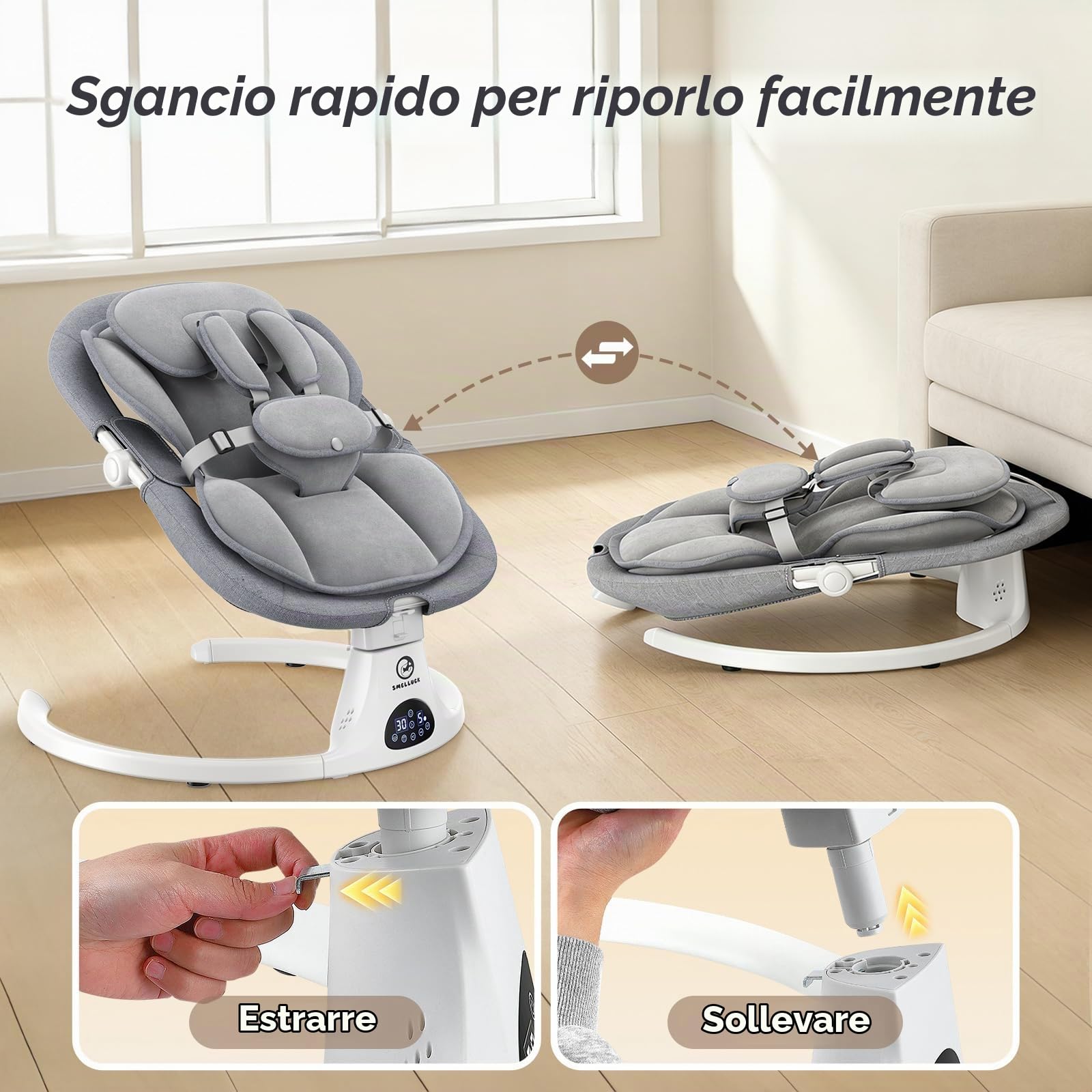 Sdraietta Neonati Elettrica, Dondolo Automatico con Schienale 3 Posizioni | 5 velocità, 12 melodie rilassanti, timer 8/15/30 min, telecomando, cuscino rimovibile, 3 alimentazioni