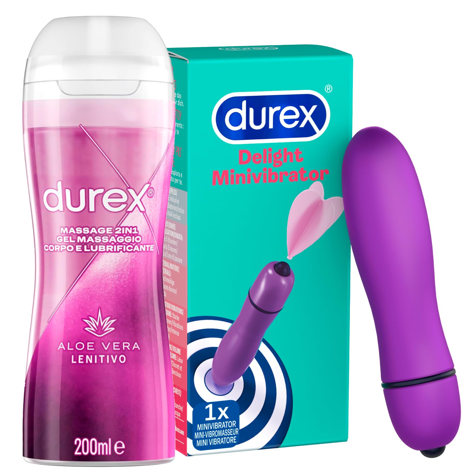 Durex Kit Vibratore Portatile & Gel Lubrificante | Durex Intense Delight Vibratore + Durex Gel Massage 2in1 Lenitivo Gel Massaggi con Aloe Vera 200ml