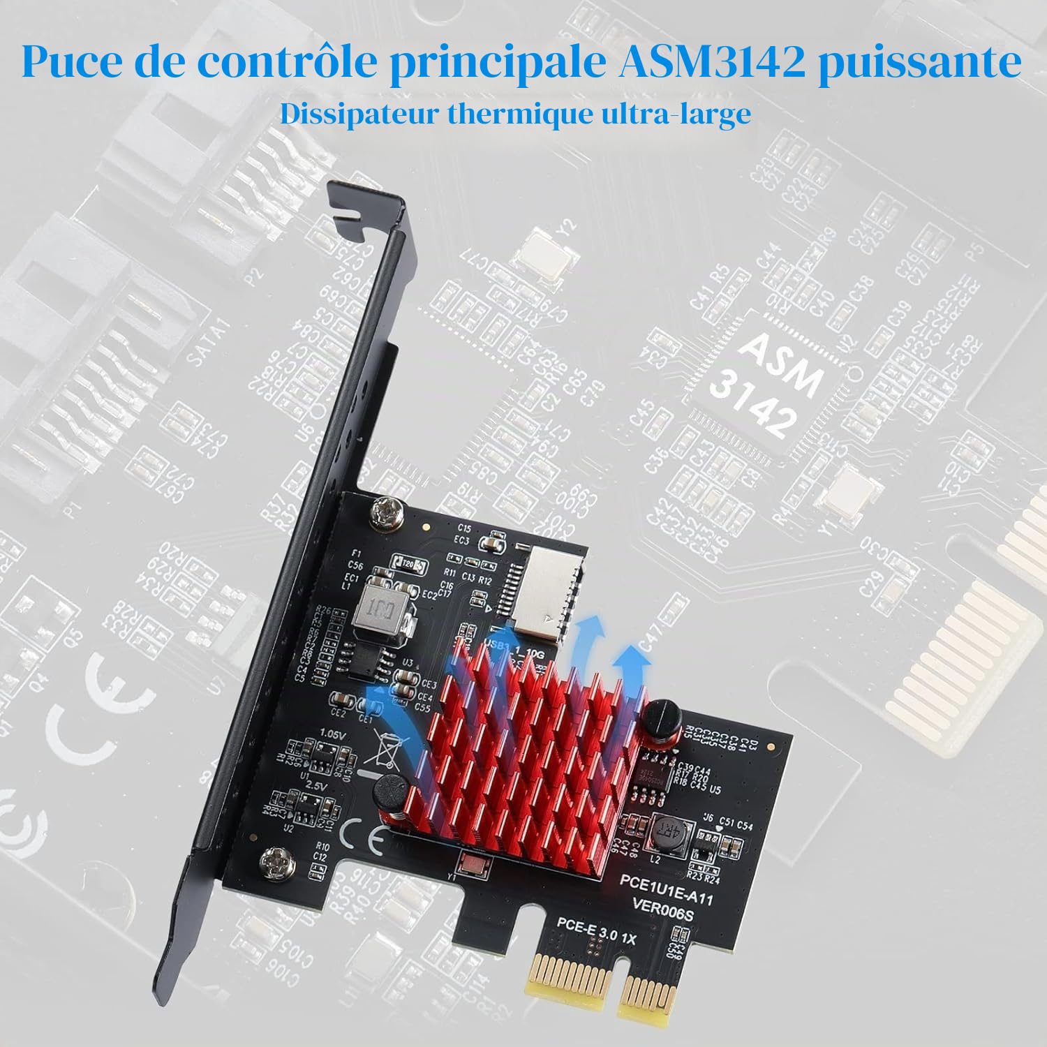 Connecteur de Panneau Avant PCI Express 1X vers C-Type, Carte d'extension PCIE USB3.2 GEN2 Type-E, Carte Adaptateur PCIE USB3.1 10 Gbps avec Puce ASM3142 pour WIN10/8/7