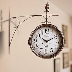 Metal Double Sided Hanging Clock with Retro Brown Sturdy Frame,Glass Lens,Silent Quartz Movement