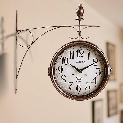 Metal Double Sided Hanging Clock with Retro Brown Sturdy Frame,Glass Lens,Silent Quartz Movement