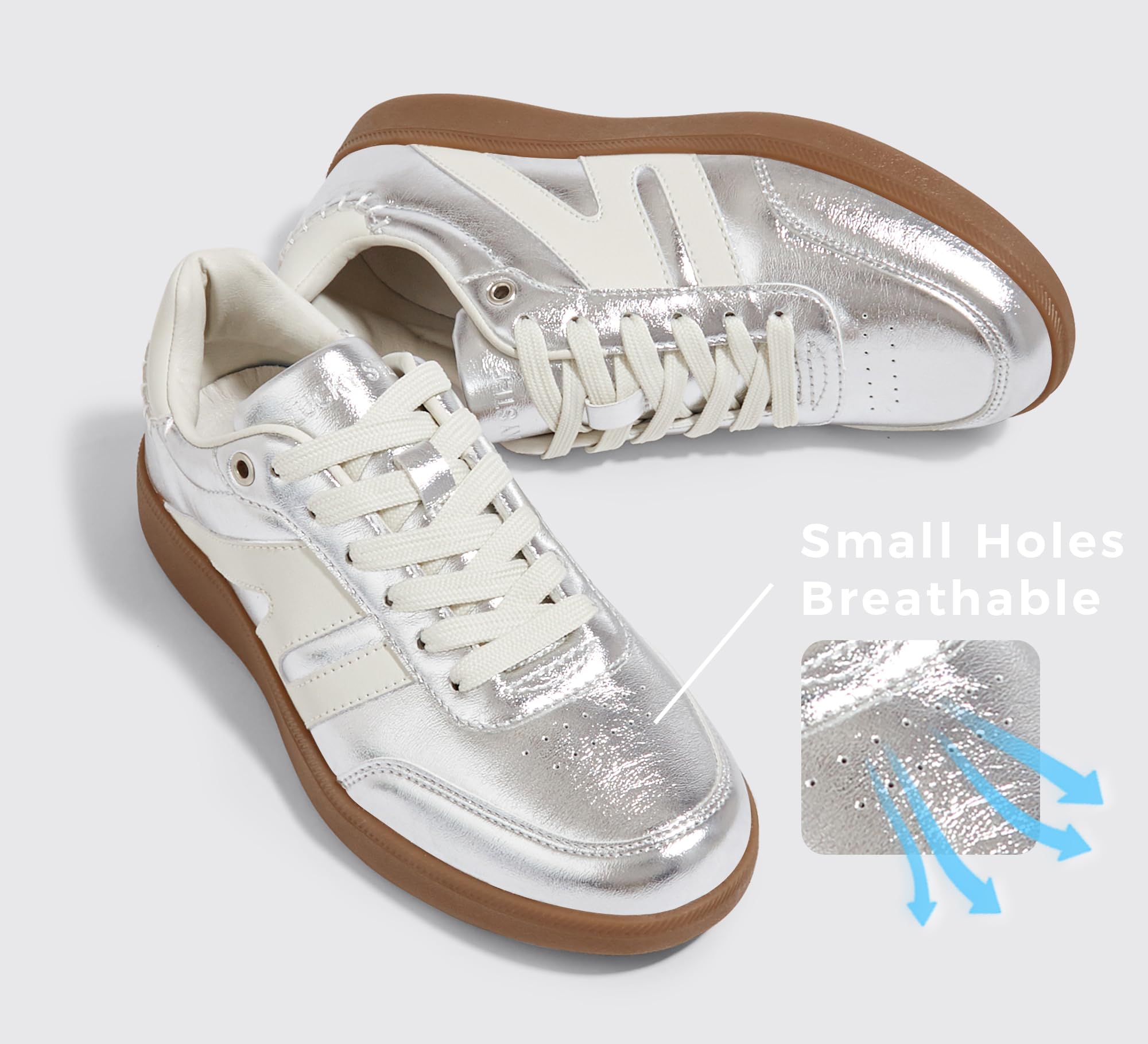 LUCKY STEP Women Classic Retro Gum Sole Fashion Sneakers Casual Tennis Skate Shoe Genuine Leather Walking Footwear Anti Slip Trainers(Silver,8)