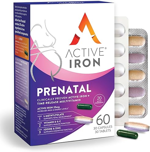 Active Iron Prenatal, suplemento de hierro + vitaminas prenatales para mujeres, 30 cápsulas sin estreñimiento + 30 multivitaminas de liberación