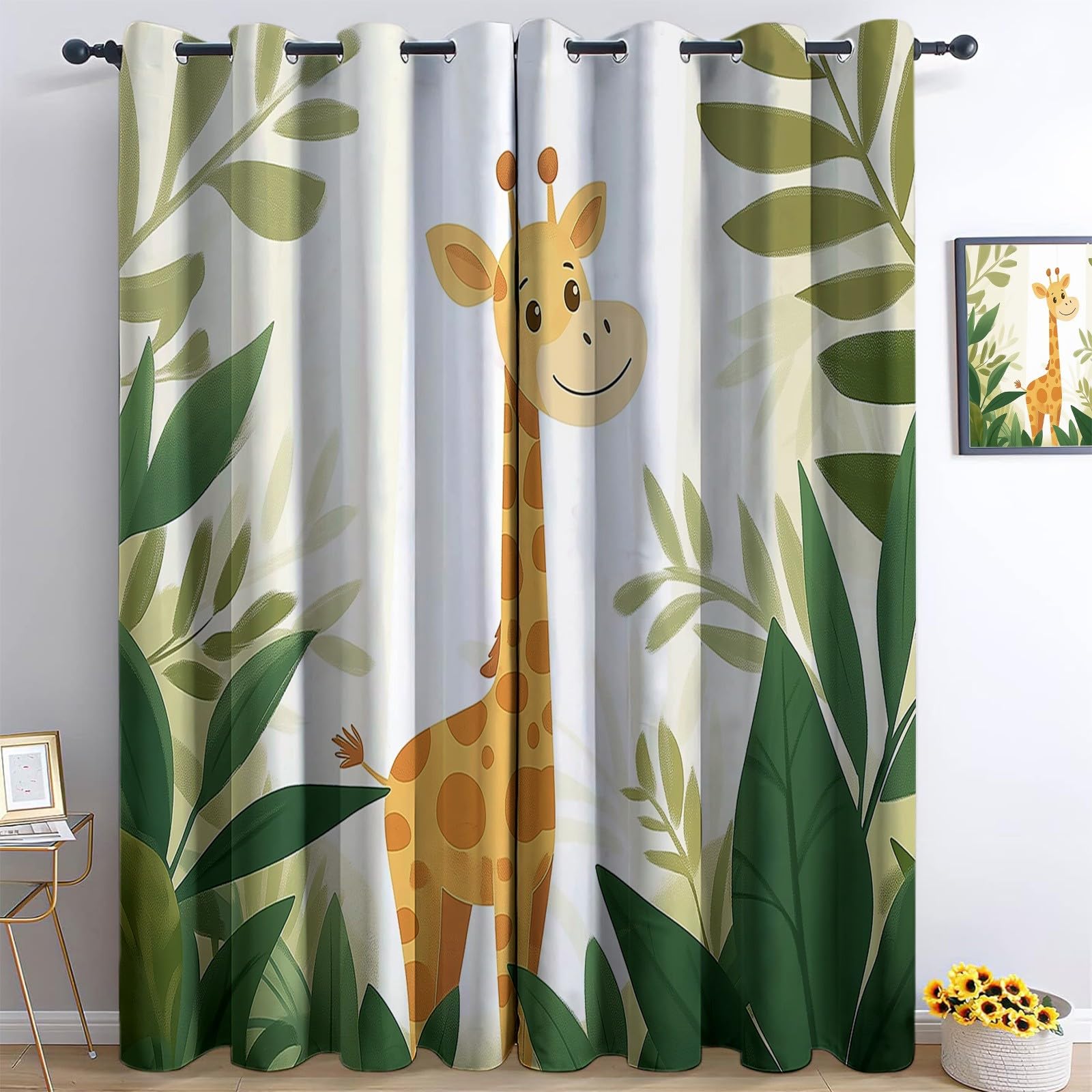Eyelet Blackout Curtain 2 Panels 29.5” W x 65” L 3D Cartoon Giraffe Jungle Thermal Insulated Ring Top Curtains for Living Room Gaming Room Noise Reduction Privacy Protection Curtain
