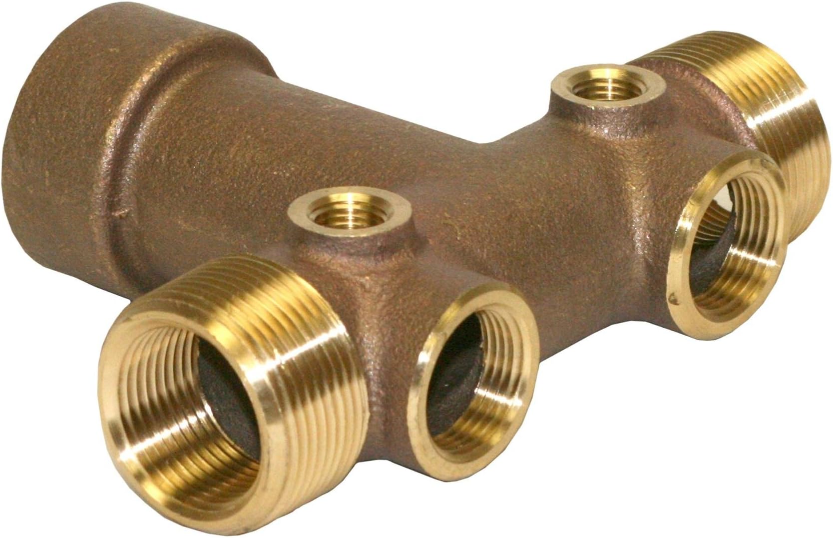Merrill MFG BATNL1252SF 1-1/4" All Cast No Lead Brass Tank Tee, Lateral Connections 1-1/4" MIP and 1" FIP, (2) 3/4" Drain Holes, 4-1/2" Length, 1.25"