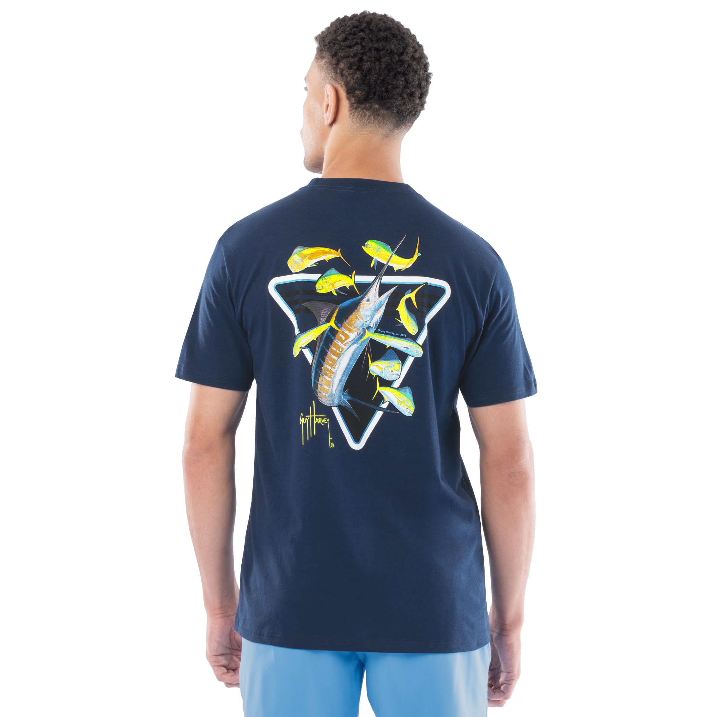 Guy Harvey Men’s Billfish Collection Short Sleeve Pocket T-Shirt, Estate Blue/Tri Marlin Dorado, XXL