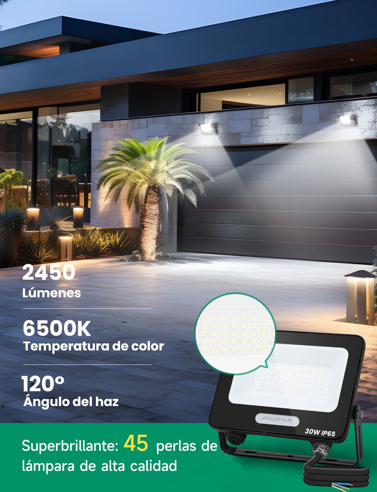 Aigostar Reflektor zewnętrzny LED 30 W 2450 lm, wodoodporny IP65, 6500 K, zimna biel, do garażu, ogrodu, patio i parku, 2 pcs