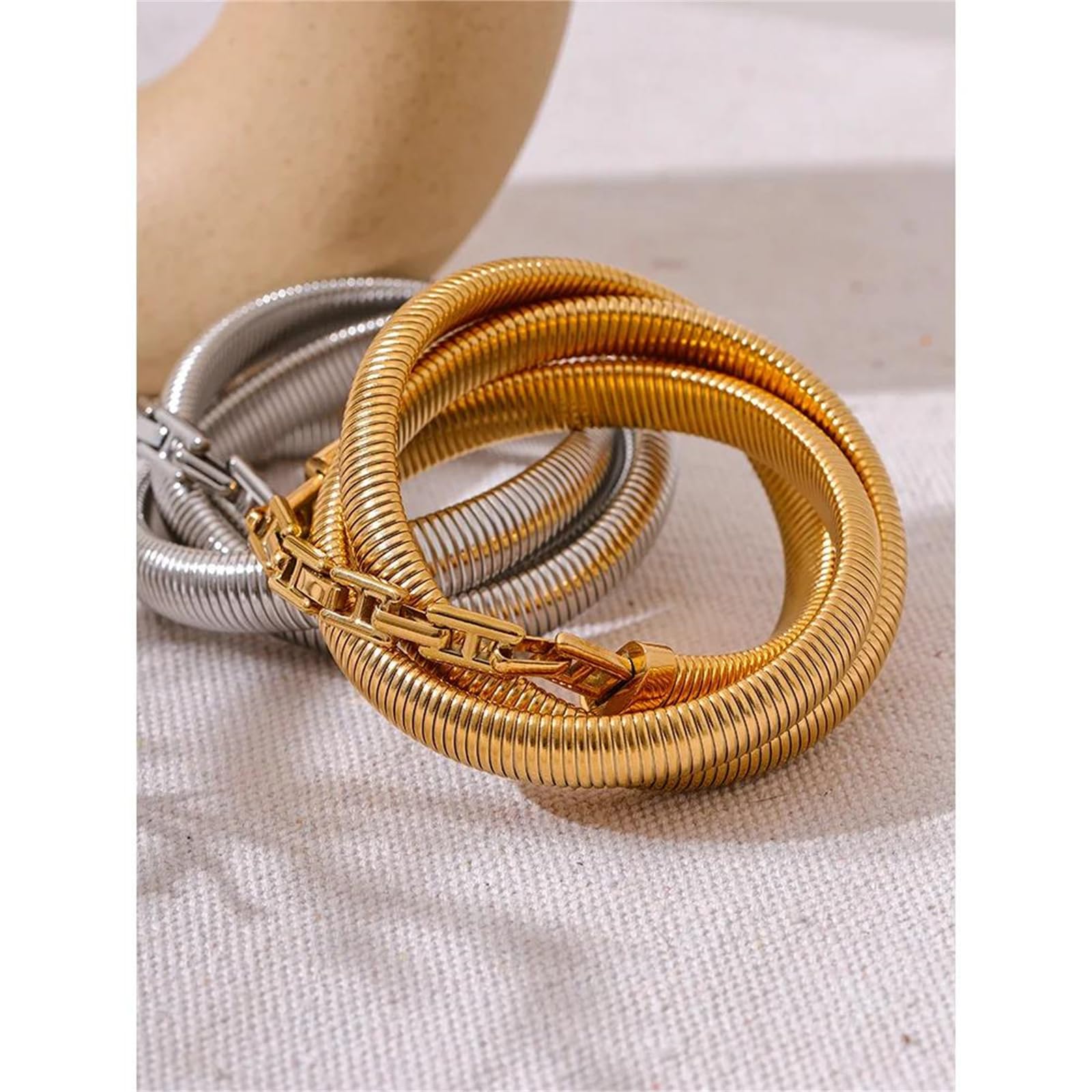 Pulsera gruesa elástica de acero inoxidable en capas, impermeable, chapada en oro de 18 quilates, unisex, joyería de moda