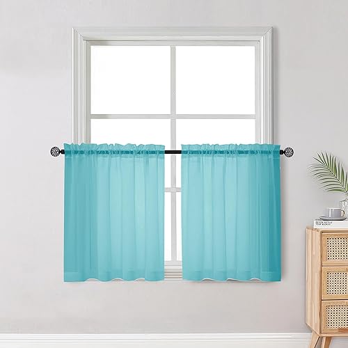 OWENIE Cortinas Transparentes Cortas Color Aguamarina de 30 Pulgadas de Largo, Juego de 2 Paneles, Niveles de Cortinas de Cocina con Filtrado de Luz