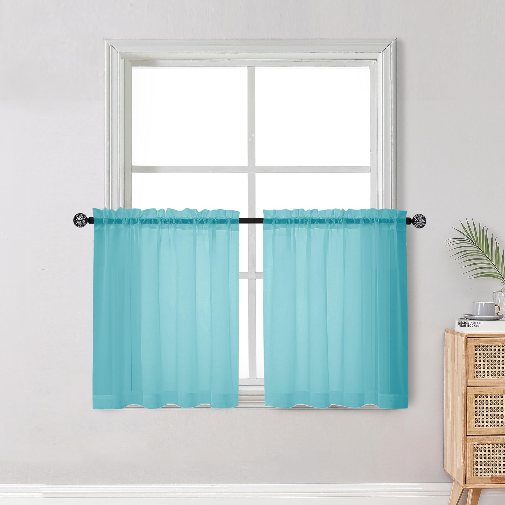 OWENIE Short Aqua Sheer Curtains 30 Inch Length 2 Panels Set, Kitchen Curtains Tiers Light Filtering Rod Pocket Cafe Curtain for Basement Bathroom Small Half Window, 42" W x 30" L, Aqua