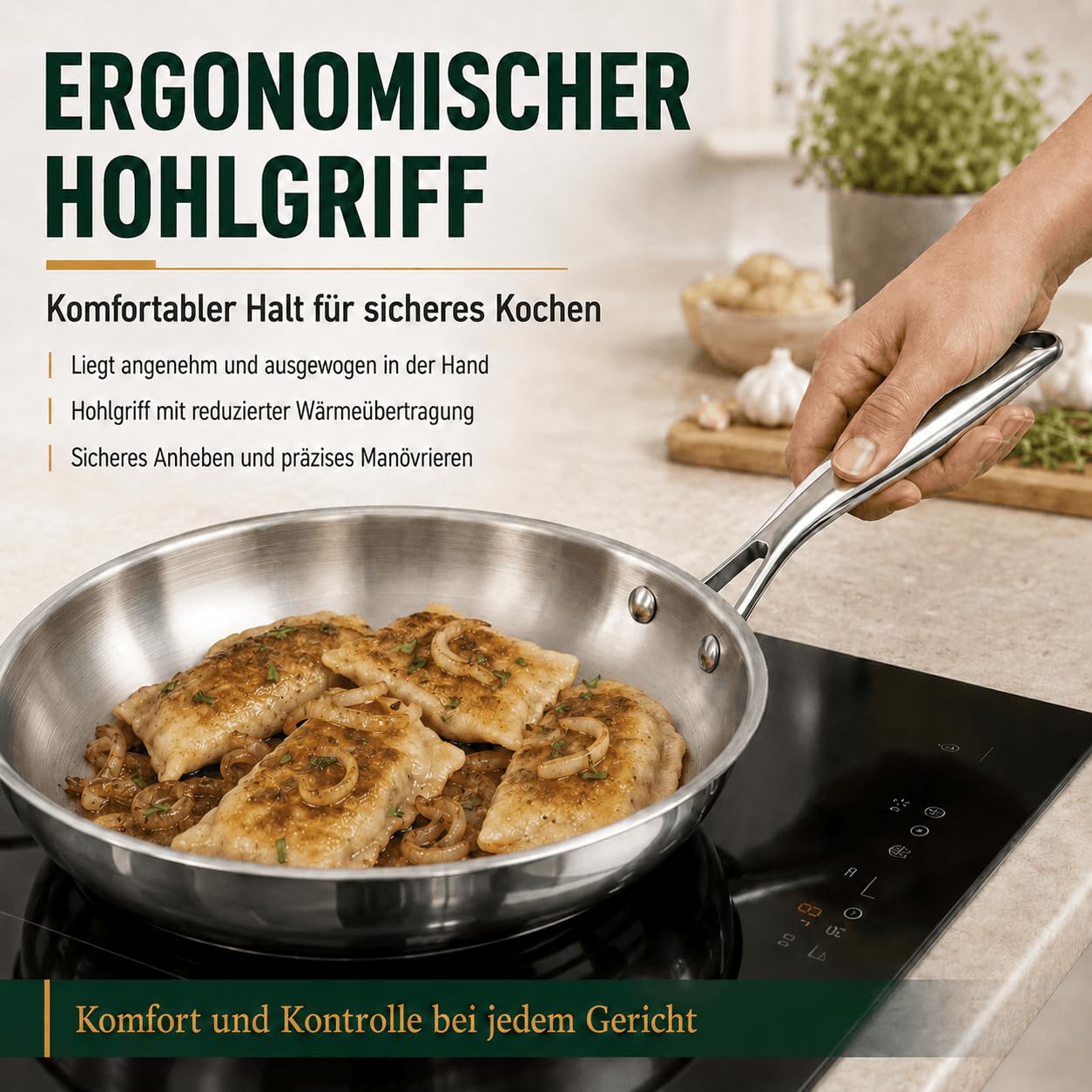 Edelstahlpfanne 28 cm mit Deckel, 5-Schicht Bratpfanne | Unbeschichtet, Gleichmäßige Wärmeverteilung, für Alle Herdarten, Ofenfest bis 400 °C, für Steak, Gemüse und Eier