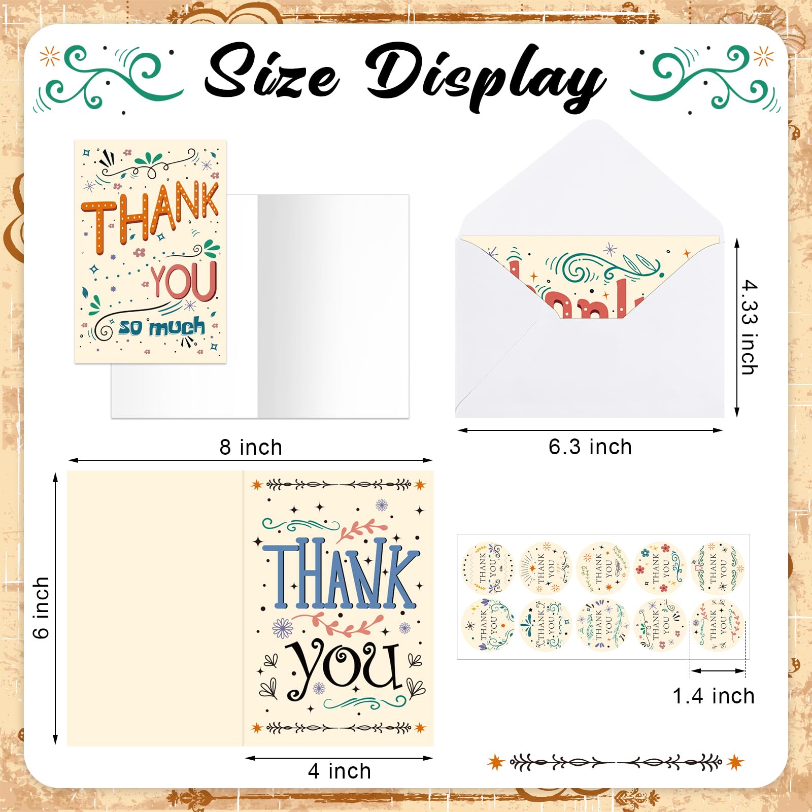 Lot de 100 cartes de remerciement rétro vierges assorties avec enveloppes et autocollants pour enseignants, employés, fête prénatale, mariage, anniversaire, remise de diplôme