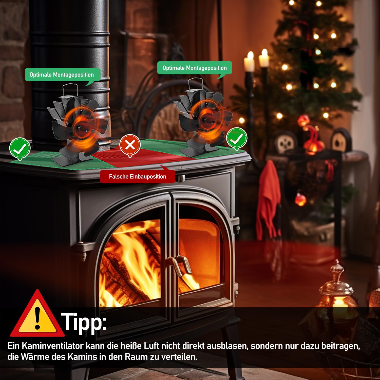 Sonnewelt Ventilatore per camino, ventilatore per stufa, senza corrente, con 8 fogli, ventilatore per camino, ventilatore senza corrente, silenzioso, protezione da surriscaldamento con termometro di