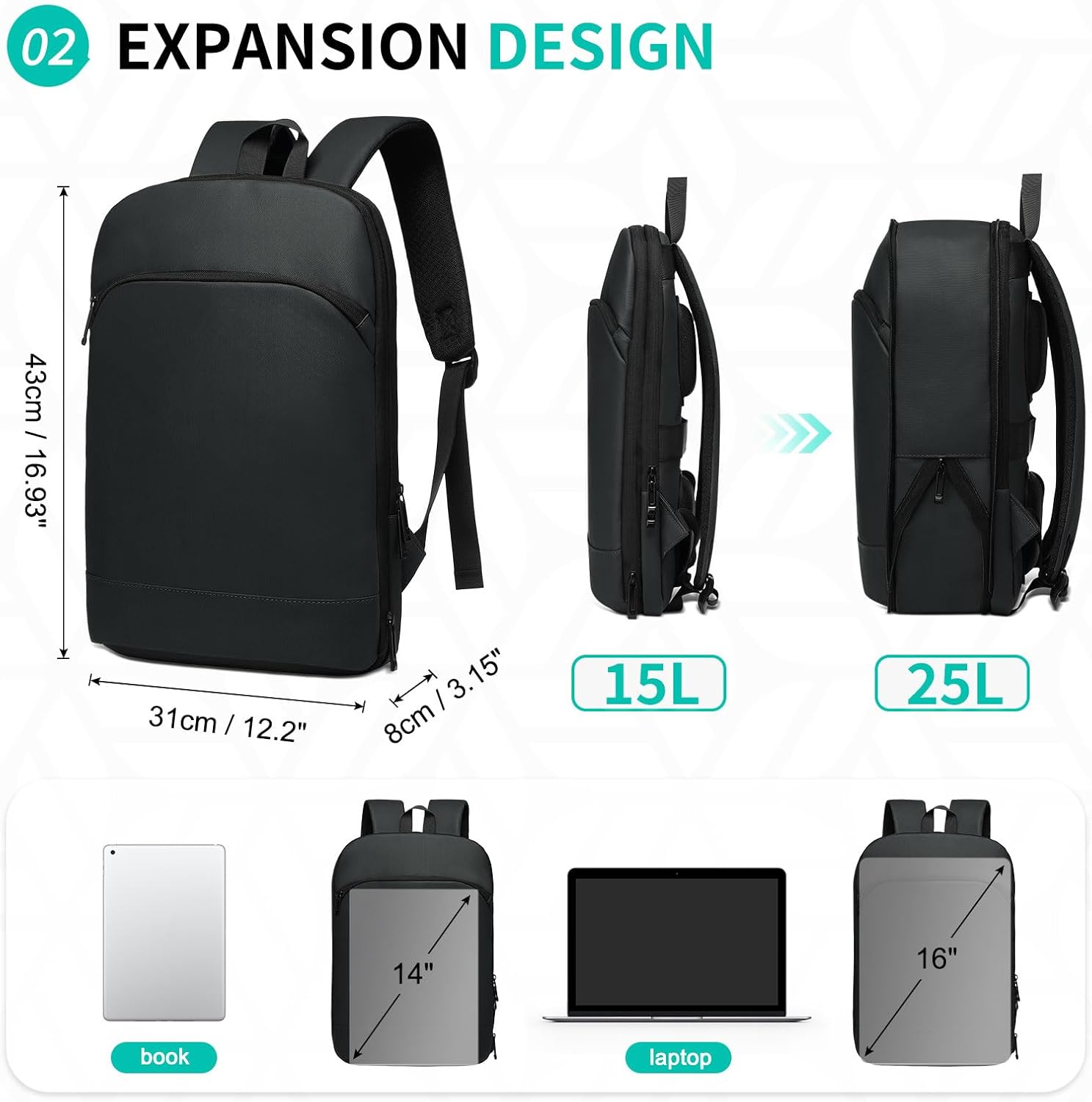 Slim Laptop Backpack for Men, Expandable Business Backpack with 16" Laptop Compartment - TSA 15L-25L Capacity Lightweight for Work Office, Black