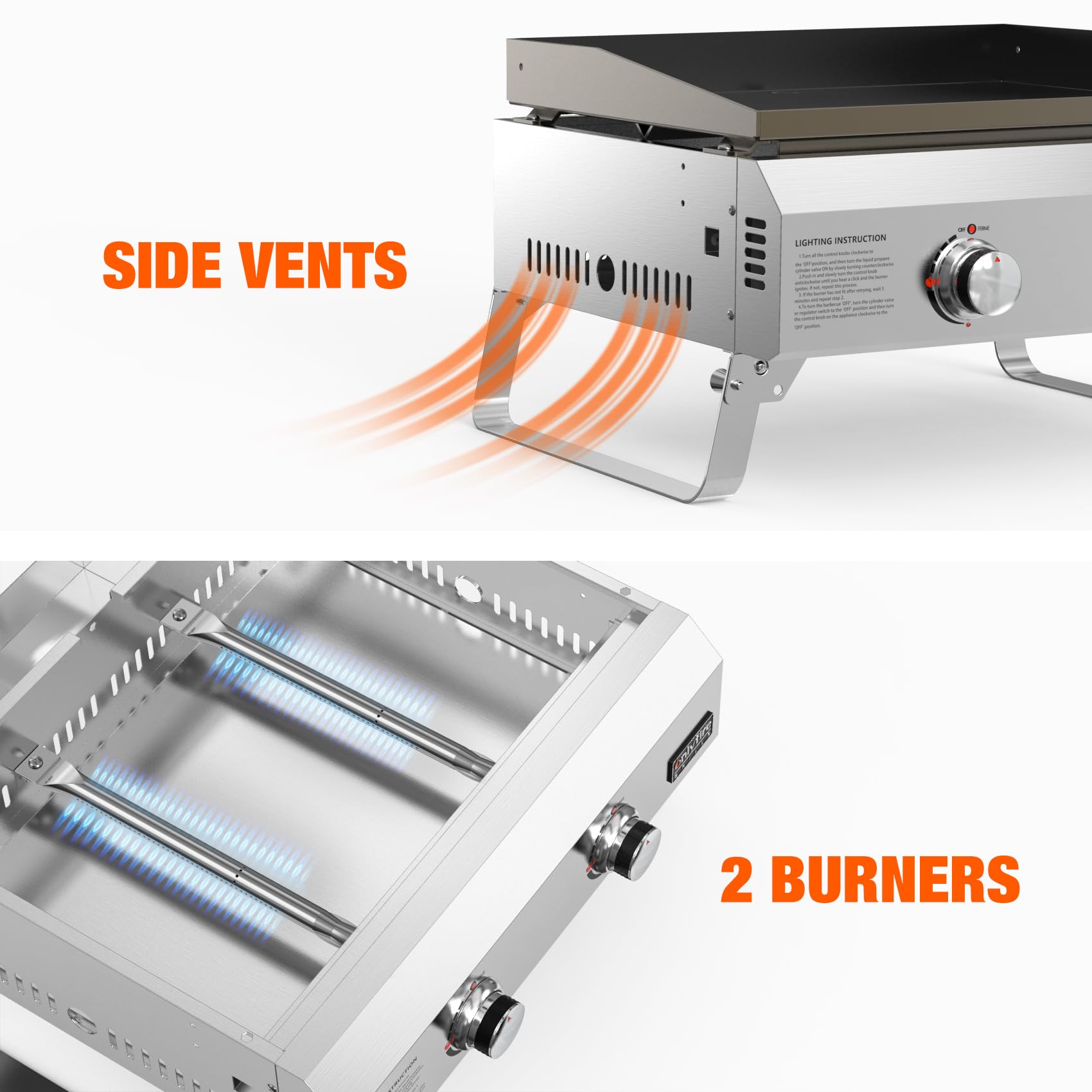 onlyfire Plancha à Gaz de Table en INOX, Barbecue Gaz avec 2 Brûleurs 4.7kW, Plancha 46x36cm avec Revêtement en Céramique Antiadhésif, Pieds Pliables pour Terrasse, Balcon et Camping