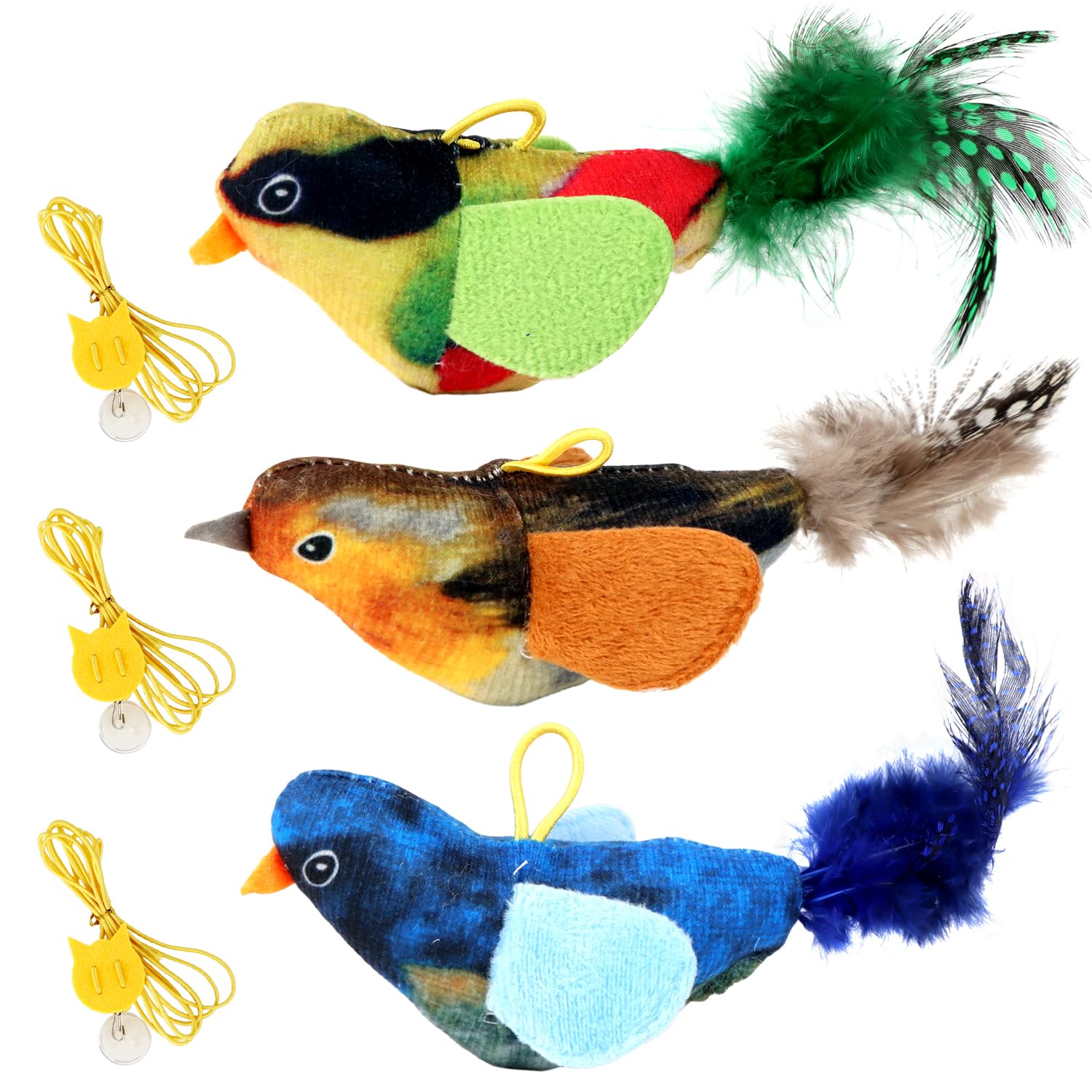 MOTIBACK 3Pcs Bird Cat Toy, Interactive Cat Bird Toy with Catnip, Sparrow Kittens Toys for Indoor Cats Play Chase Kick Bite Chew Exercise - Blue, Green, Orange
