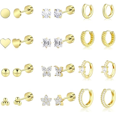 Wgoud 12 Pairs Hypoallergenic Surgical Steel Earrings for Sensitive Ears Waterproof Trendy Gold Plated Small Stud Flat Back Stainless Steel Earrings for Women Men Hoop Cartilage Earring Set for Multiple Piercing