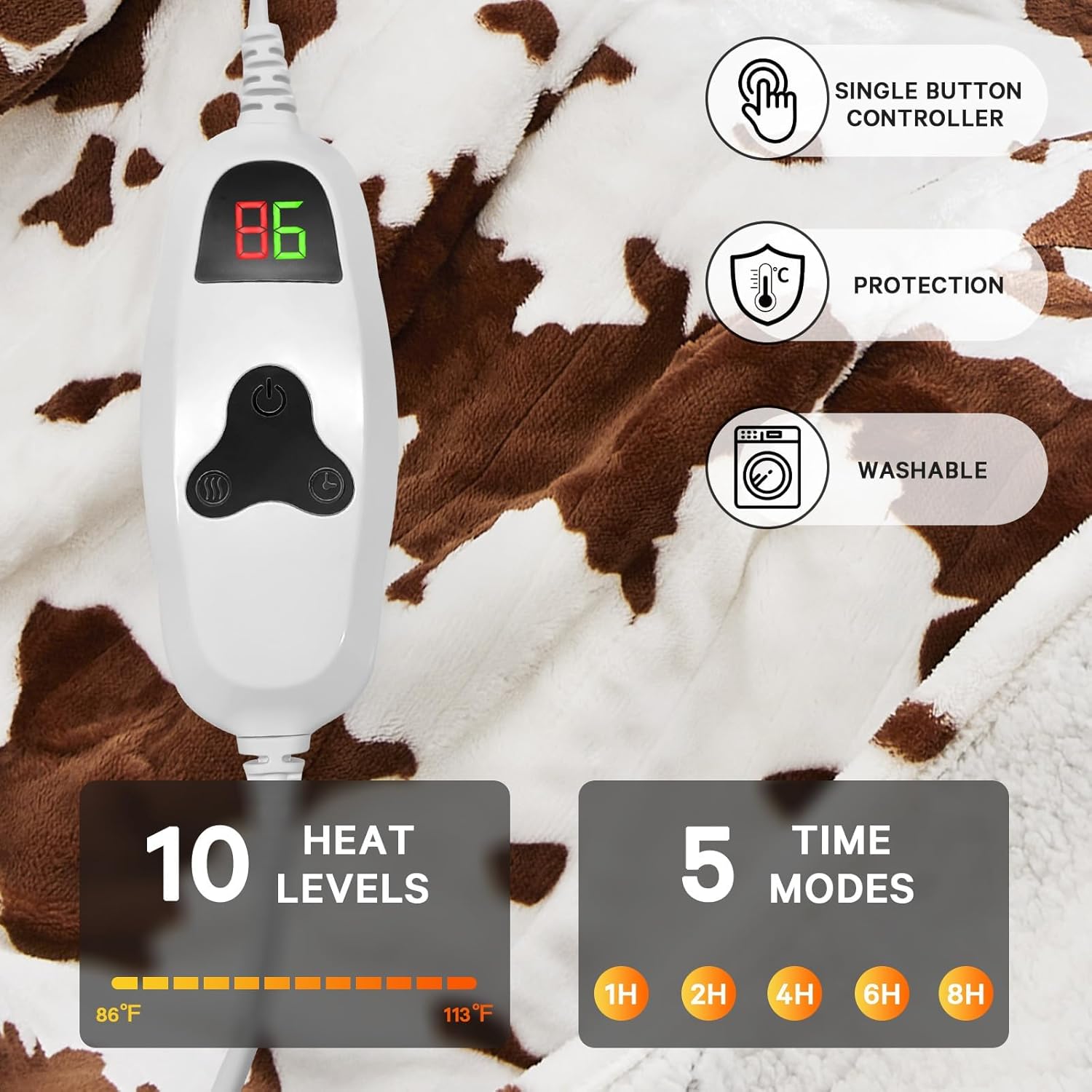 Heated Electric Blanket Throw,50X60 Brown Heating Blanket with 10 Heats Levels & 8 Hours Auto Off, Cow Print Western Highland Cow Decor Stuff Fleece Sherpa Blankets Warmer Gifts for Women Adults