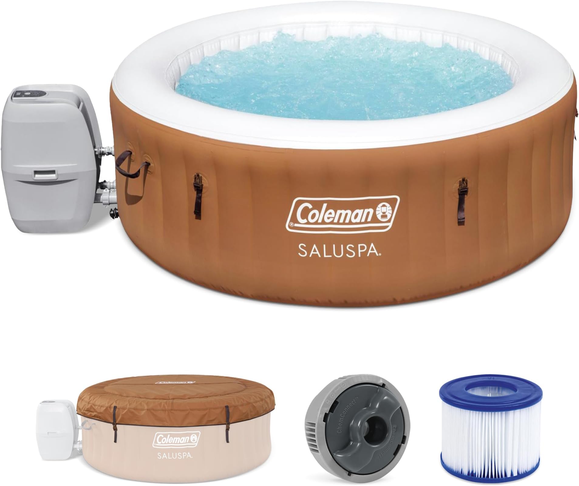 Coleman SaluSpa Ponderosa AirJet 2 to 4 Person Inflatable Hot Tub Round Portable Outdoor Spa with 120 Soothing Jets with Cover, Orange
