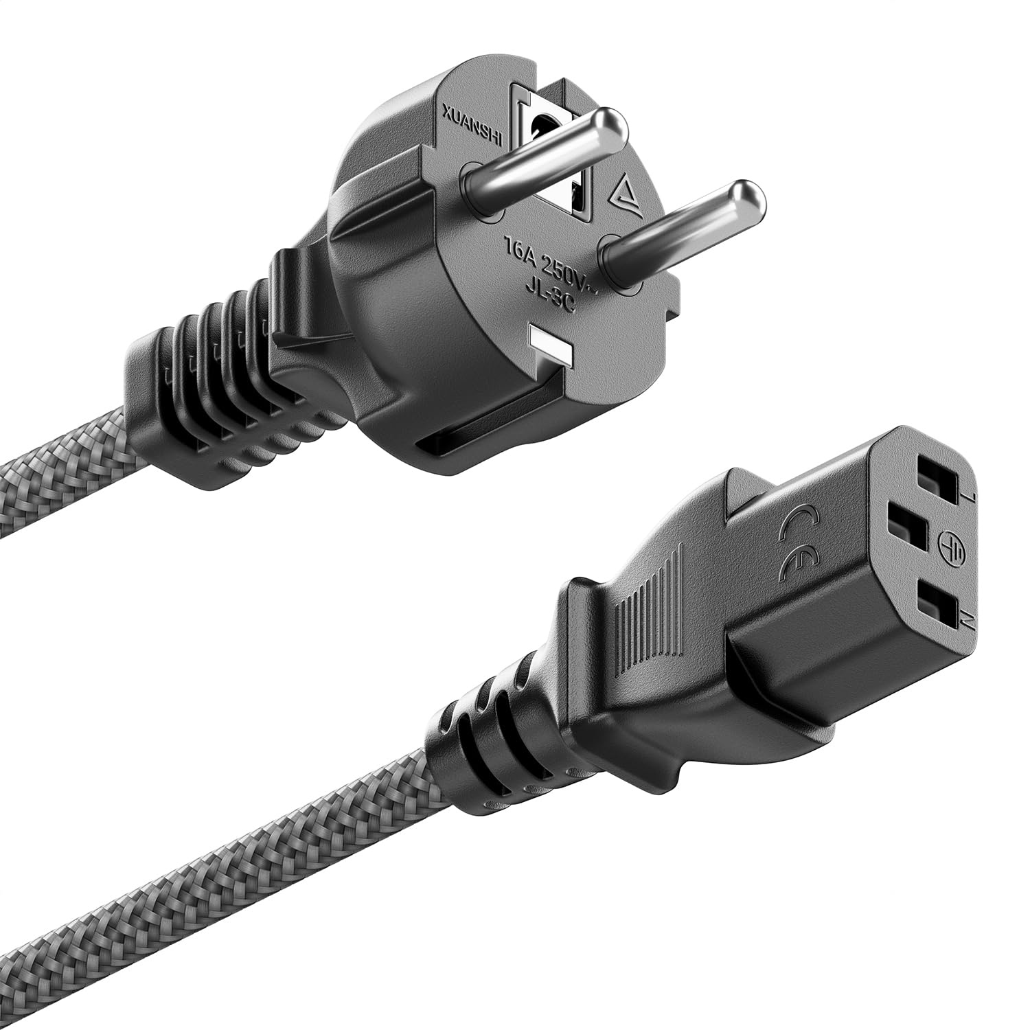 deleyCON 1m Câble Appareil Froid - Câble Nylon - Cordon Alimentation électrique 3 Pôles Fiche Contact Protection (Type F vers Prise C13) PC Ordinateur Moniteur Imprimante Projecteur - Gris - 3