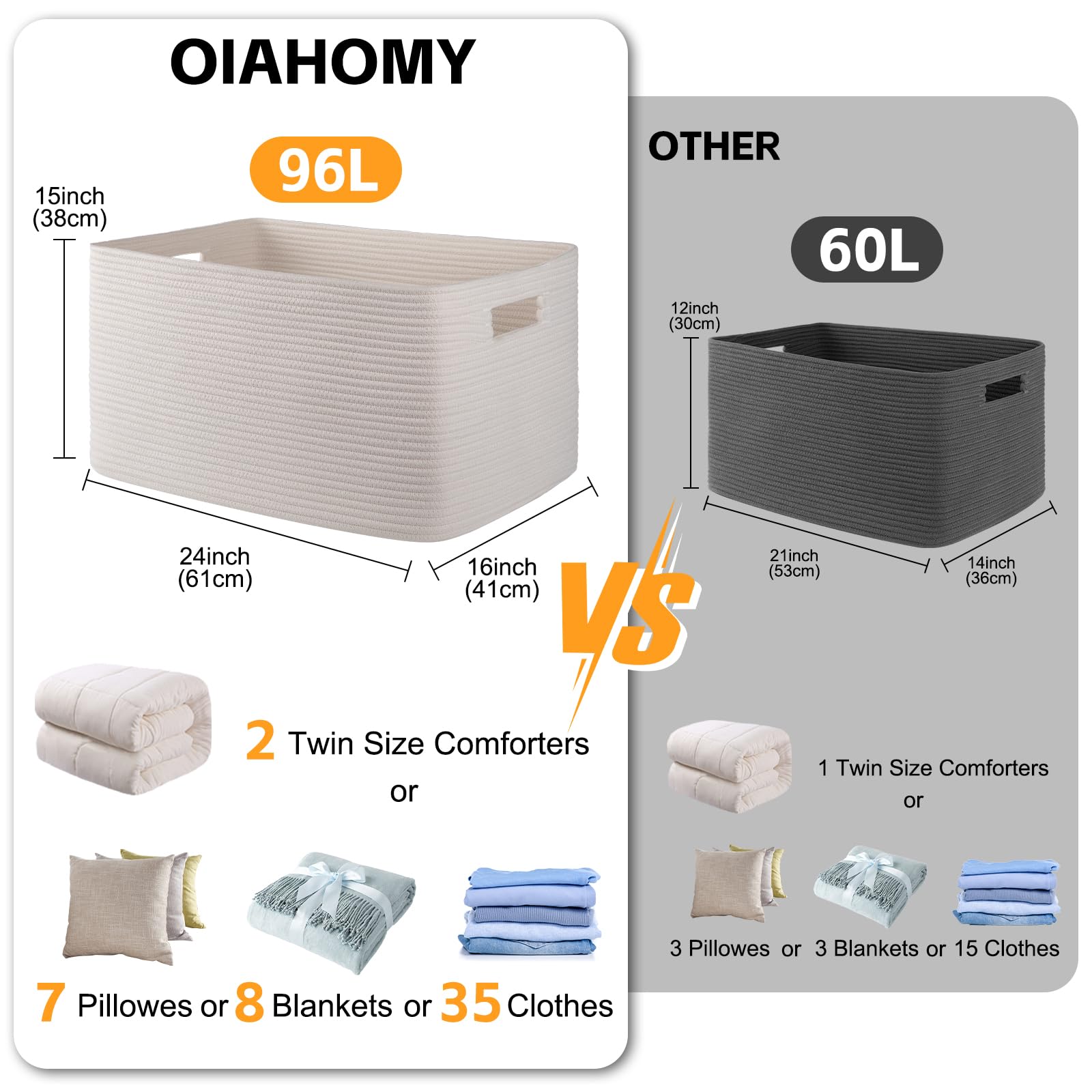 OIAHOMY XXLarge rechteckiger Deckenkorb, 96 l, gewebter Baumwollkorb zur Aufbewahrung, schmutzige Kleidung, Korb für Wohnzimmer, Kinderzimmer, Schlafzimmer, Spielzeug-Organisation mit Griff, 61 x 40,6