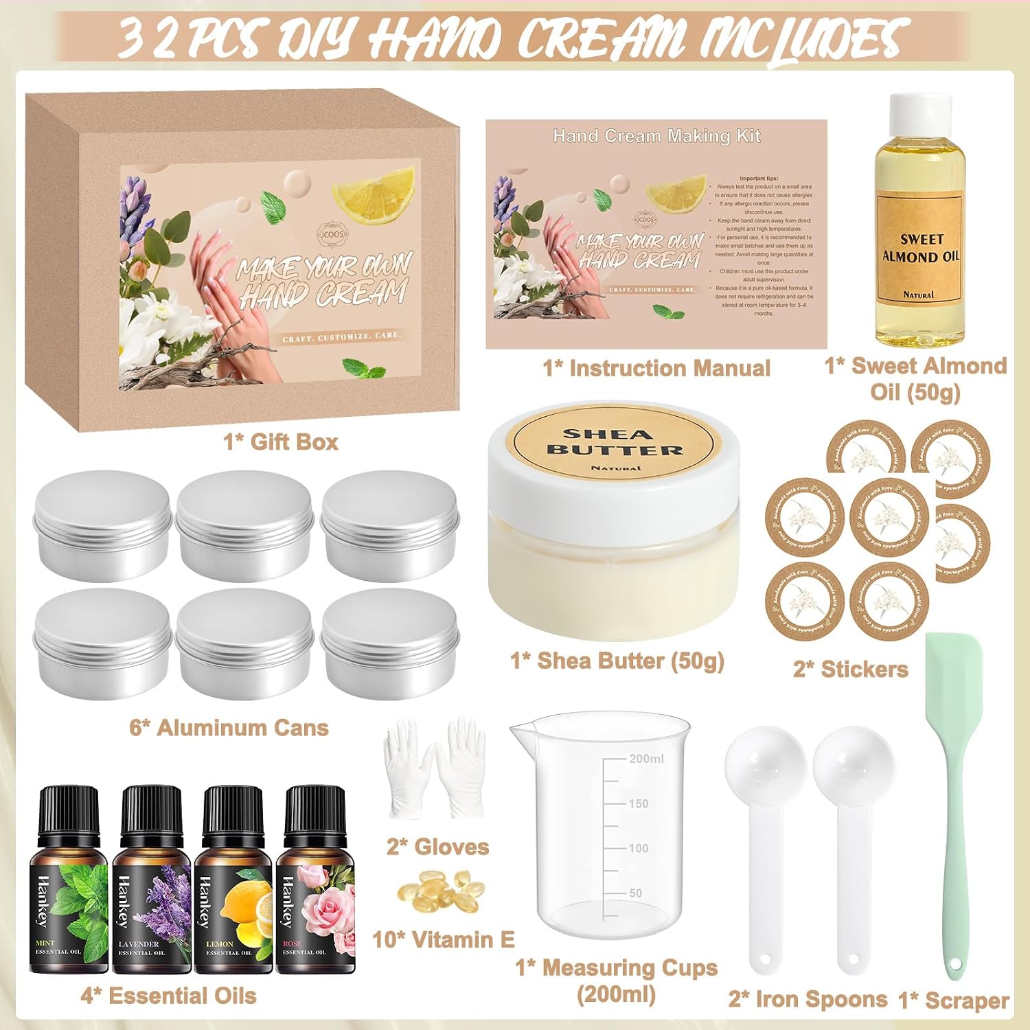 Jcoos DIY Hand Cream Making Kit, Handcream For Very Dry Hands, hand lotion with Shea Butter, Almond Oil, Jars, Essential Oils Natural Whipped Shea Butter Body Butter Making Kit Gifts for Women