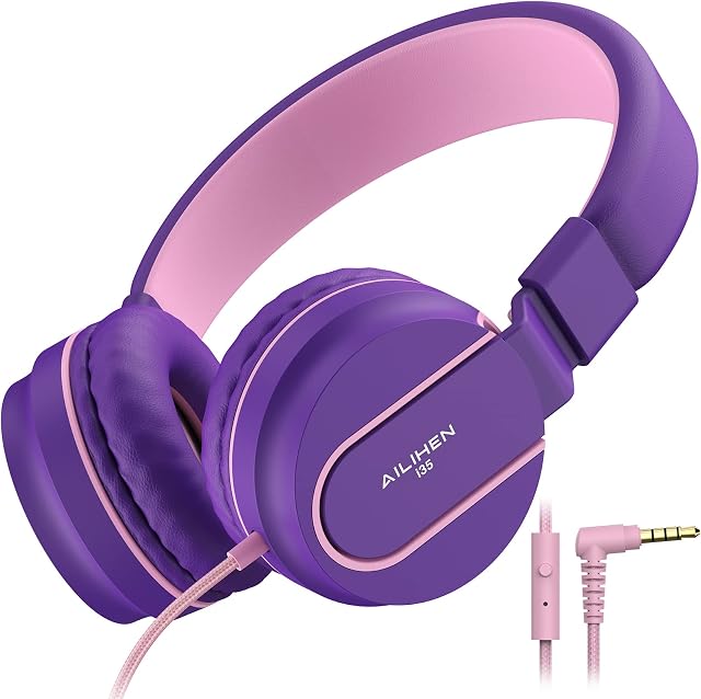 AILIHEN I35 Kid Headphones with Microphone Volume Limited 85dB Children Girls Boys Teen Lightweight Foldable Wired Headset for School Online Course Chromebook Cellphones Tablets (Pink Purple)