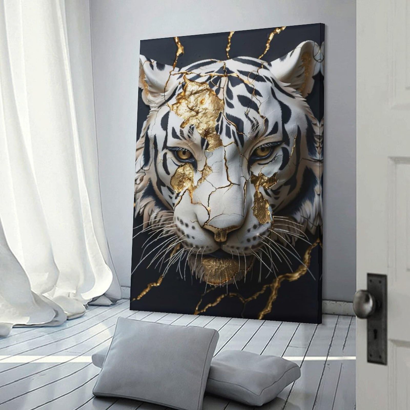 Junmoney Wall Art Print Cracked Tiger with Gold Inlay, 24x36inch(60x90cm), for Study, Office Or Focused Interiors, Decorative Artwork for Productive Spaces
