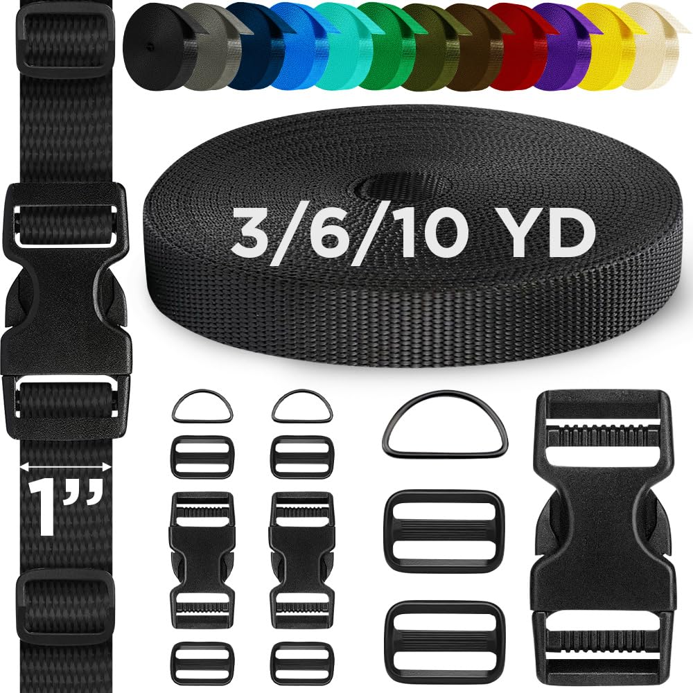TECEUM Buckles & Strap Kit – 1" Black Nylon Webbing 3 (yd) – 3 Heavy Duty Adjustable Plastic Buckles – 6 Tri-Glide Slide Clips – 3 Metal D-Ring –