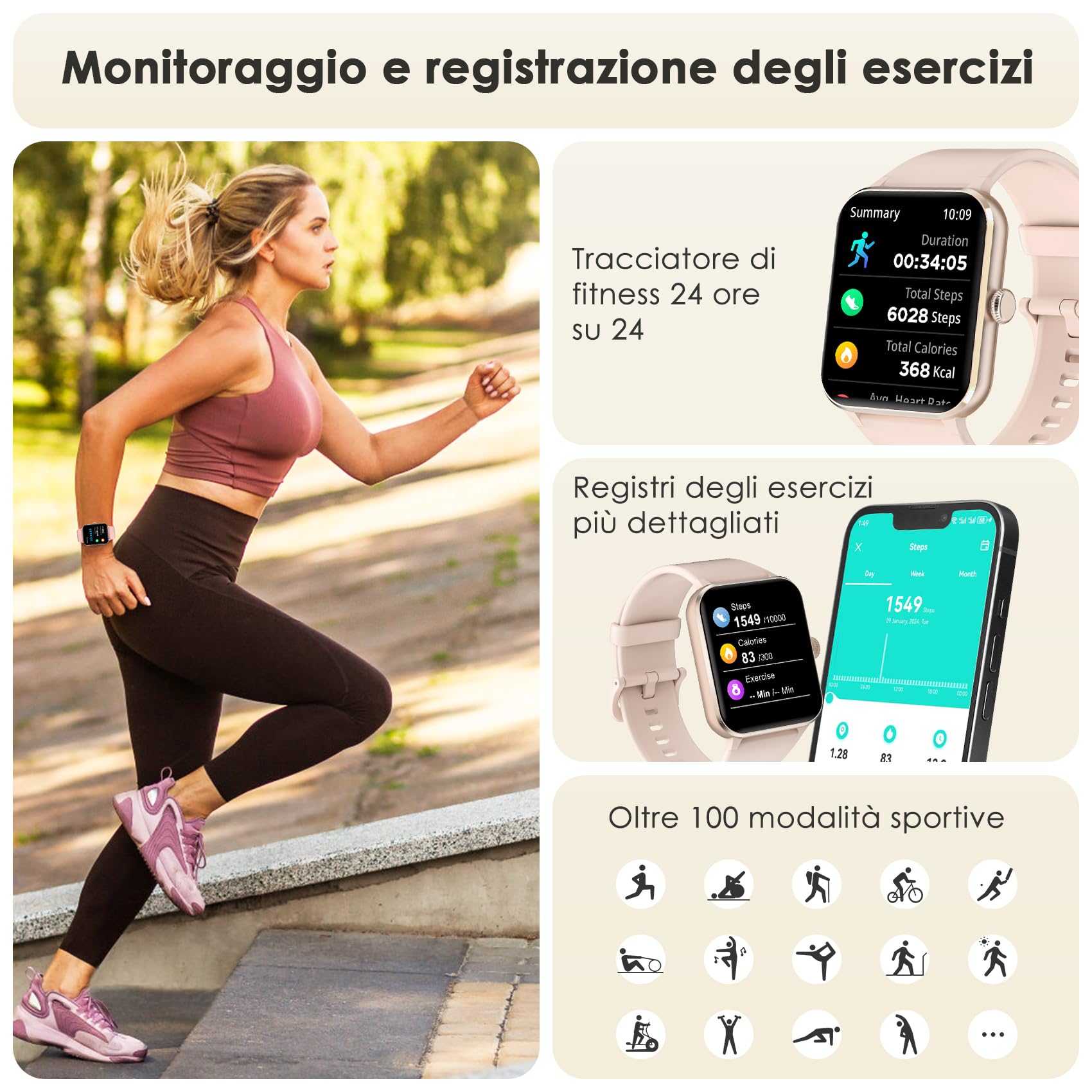 Smartwatch Uomo Donna, Orologio Fitness con Chiamate ,100 Modalità Sportive, 1.85" Smart Watch Monitor del SpO2/Sonno, 24H Cardiofrequenzimetro da Polso Fitness Tracker per iOS Android Smartphone