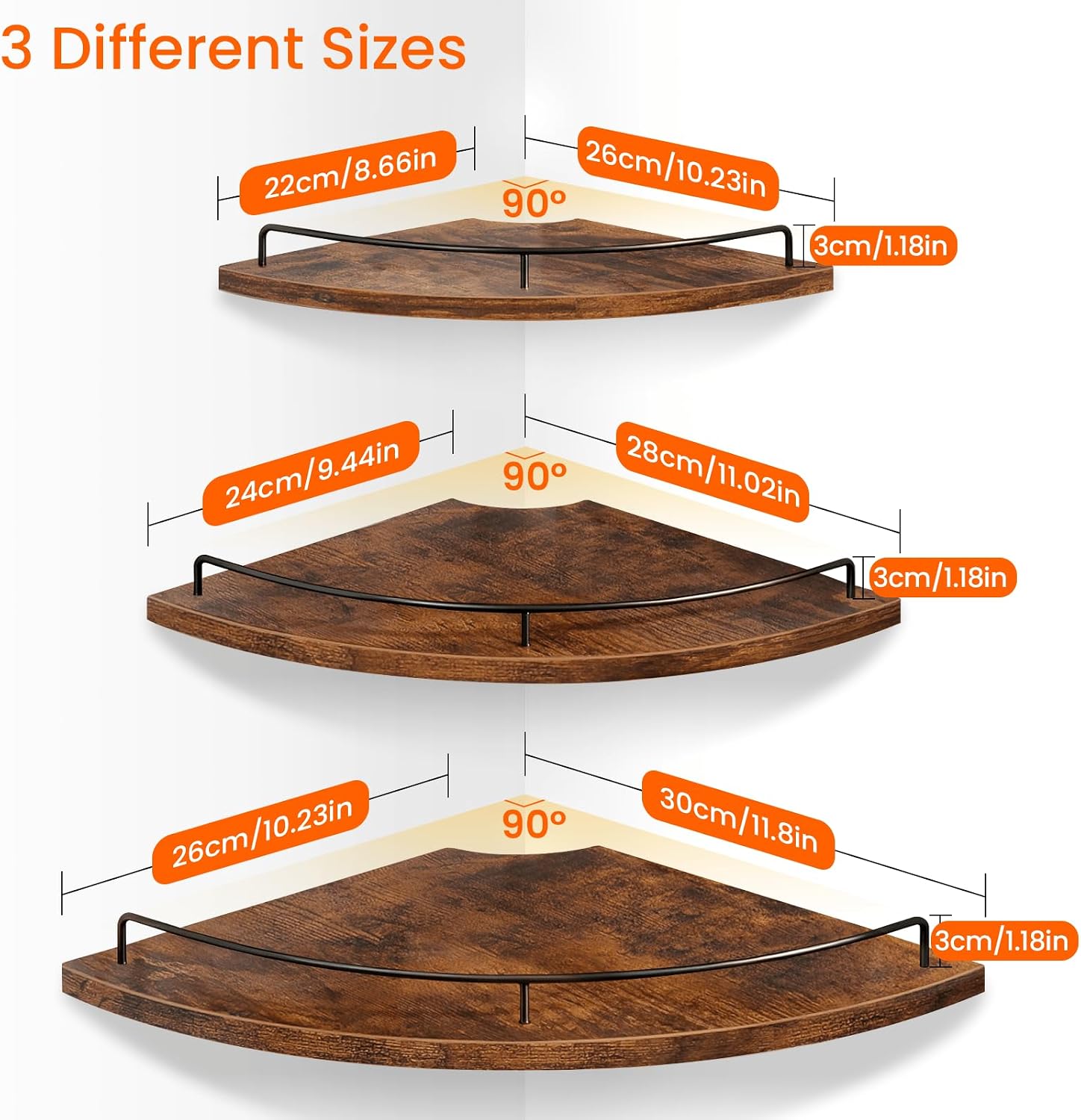 Homode Corner Shelf Wall Mounted Set of 3, Corner Floating Shelves 9/10/12 Inch Deep, Wood Round Corner Hanging Display Shelf with Guardrail for Bathroom Bedroom Kitchen Living Room, Rustic Brown