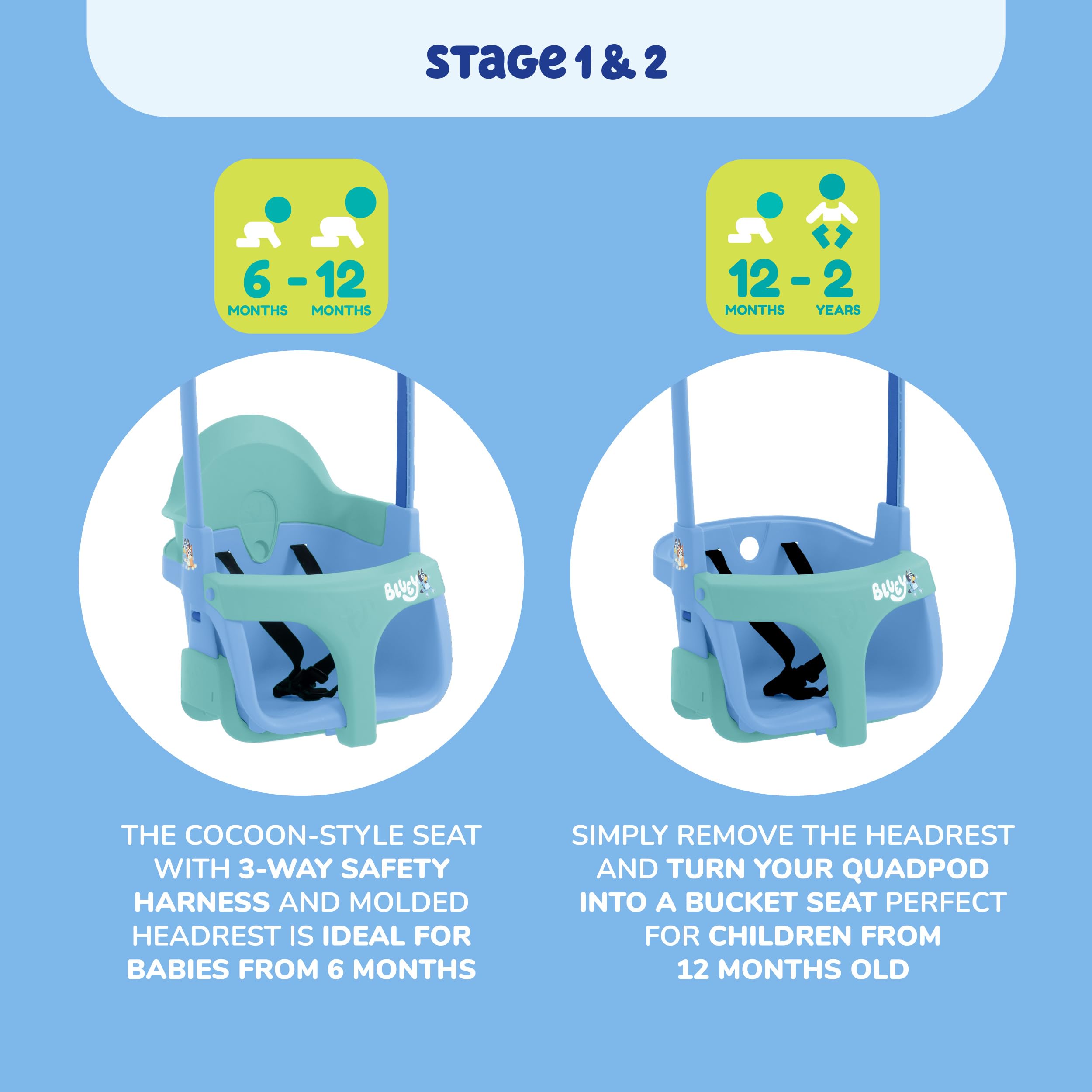 Bluey Quadpod - Asiento de Columpio cultivable 4 en 1, para Parque Infantil al Aire Libre con Cuerdas Ajustables y Correa de Seguridad, Columpio para niños pequeños para Jardines y Parques Infantiles