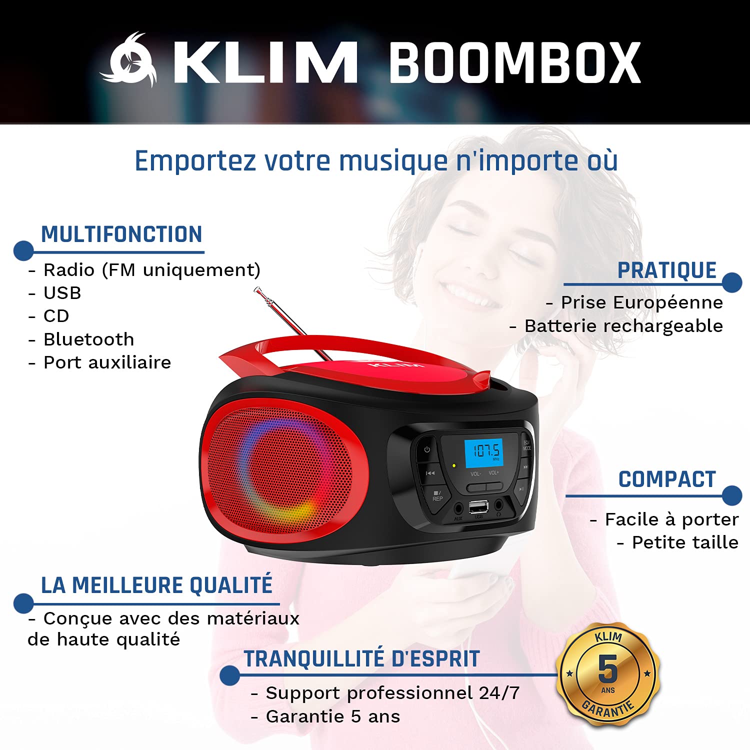 KLIM Boombox Poste Radio CD -Radio FM, Poste CD Bluetooth, MP3, USB, AUX - Piles Rechargeable Incluses - Modes Filaire et sans Fil - Compact et Robuste Lecteur CD Portable- Rouge