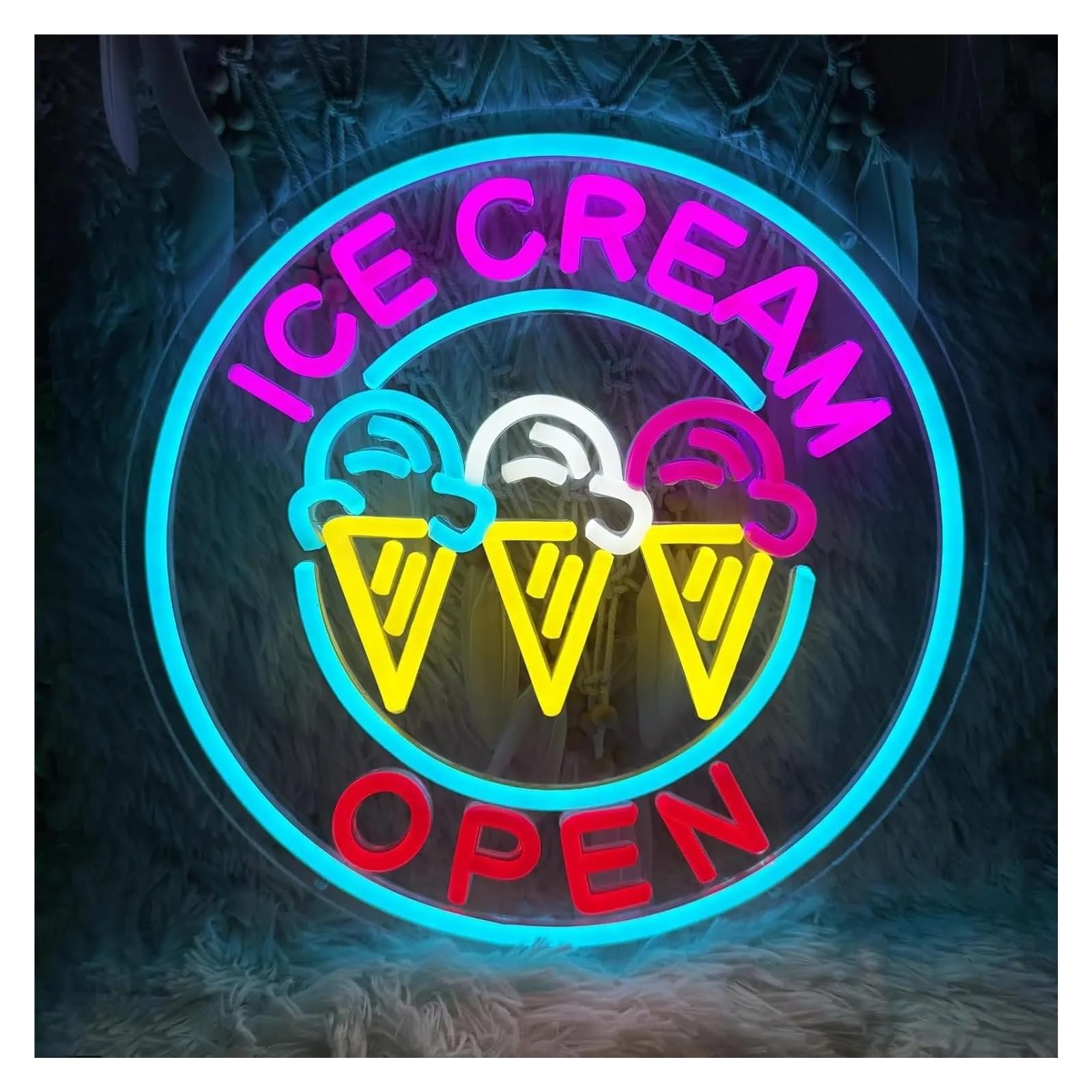 Luces de neón Letrero De Neón Ice Cream Open Con Luz LED Regulable Para Restaurante Bar Dormitorio De Chicas Cafetería Heladería Tienda Decoración 43.55cmx43.55cm