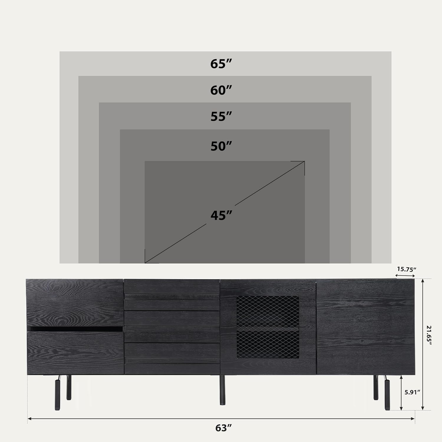 63” Minimalist TV Stand, Full-Assembled Black TV Console, Modern Solid Wood Media Console with Drawers Mesh Doors, Tall TV Cabinet with Cable Management for 45-65 Inch TV