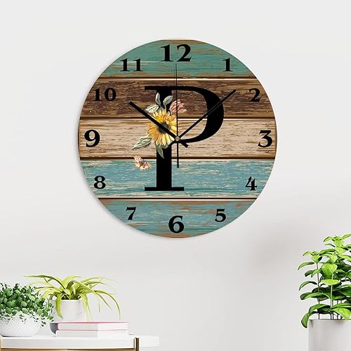 Miniatura 4 de Reloj de pared con inicial de girasol negro letra P de granja, 12 pulgadas, silencioso, sin tictac, iniciales personalizadas, reloj de PVC,